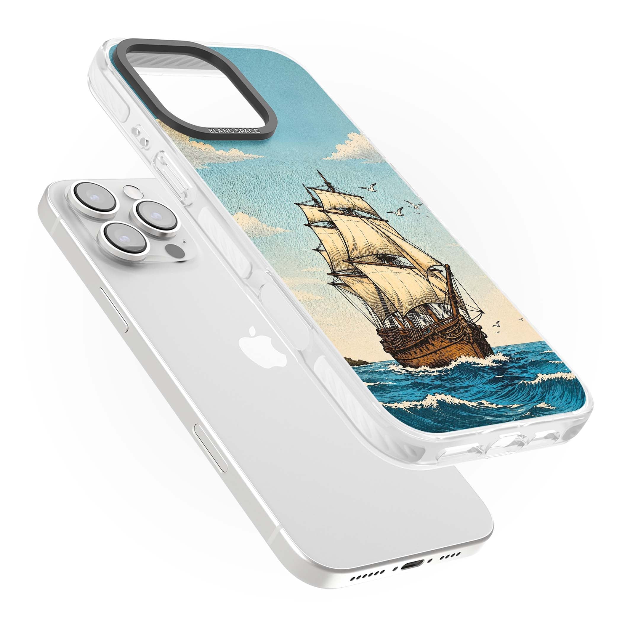 Ship at Sea nautical iPhone case featuring a vintage tall ship, ocean waves and seagulls | Clear Impact case for iPhone 16 Pro, iPhone 16 Pro Max