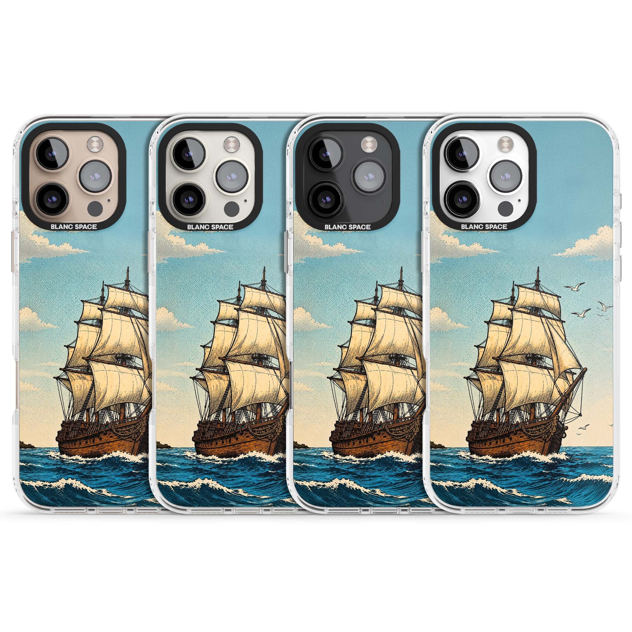 Ship at Sea nautical iPhone case featuring a vintage tall ship, ocean waves and seagulls | Clear Impact case for iPhone 16 Pro, iPhone 16 Pro Max