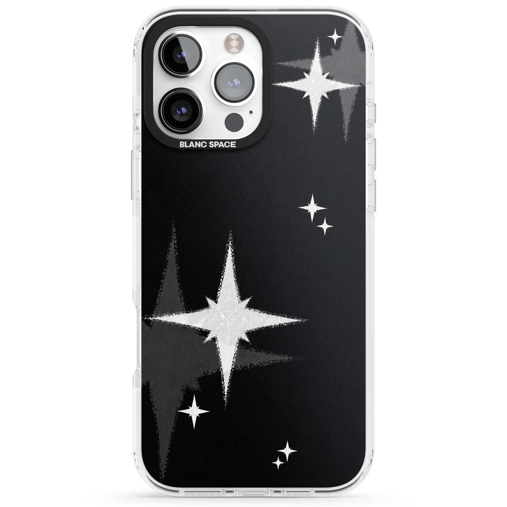 Black Sparkle celestial iPhone case featuring white sparkle stars on a black night sky background | Clear Impact case for iPhone 16 Pro, iPhone 16 Pro Max