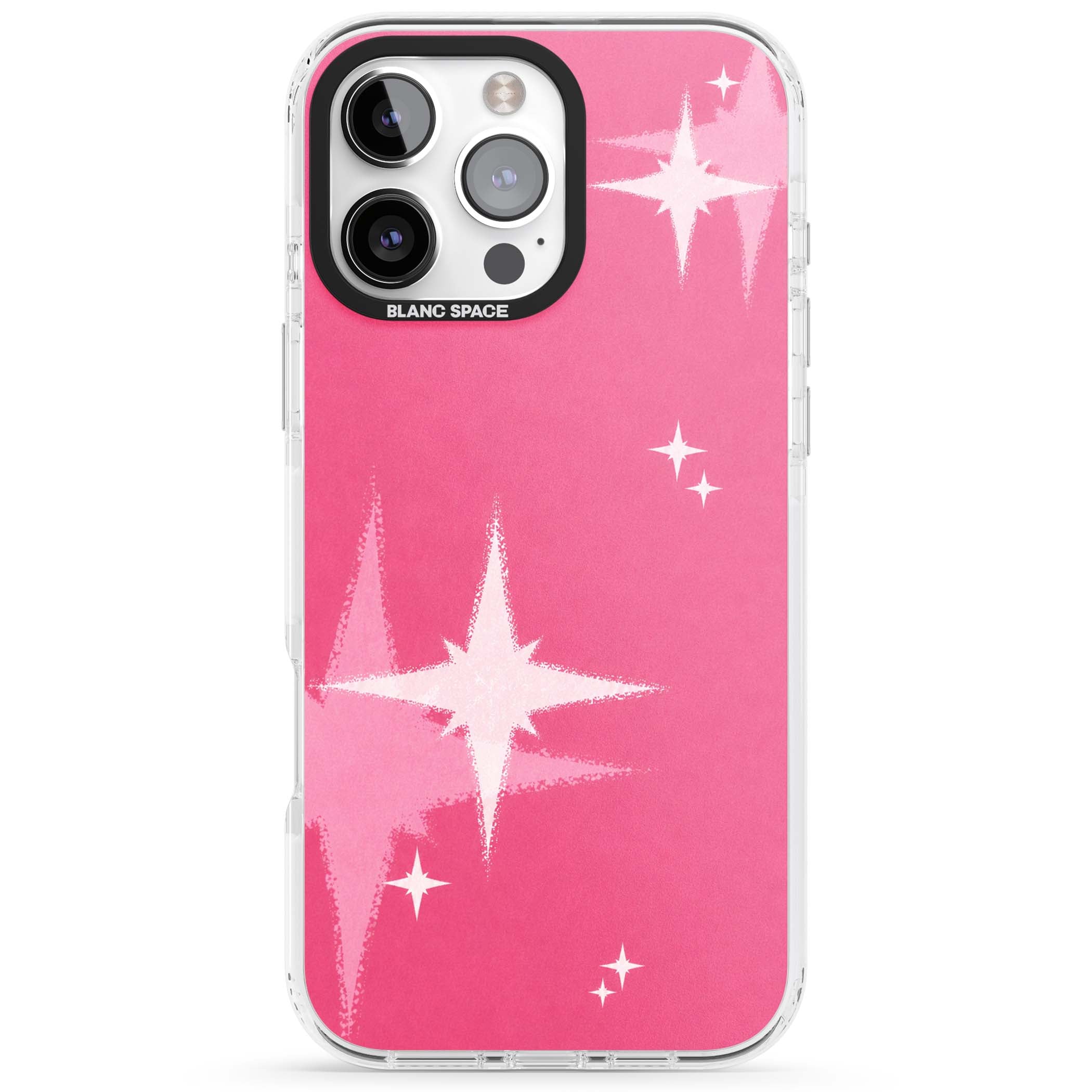 Pink Sparkle Y2K iPhone case featuring hot pink background with shimmering white starburst pattern | Clear Impact case for iPhone 16 Pro, iPhone 16 Pro Max