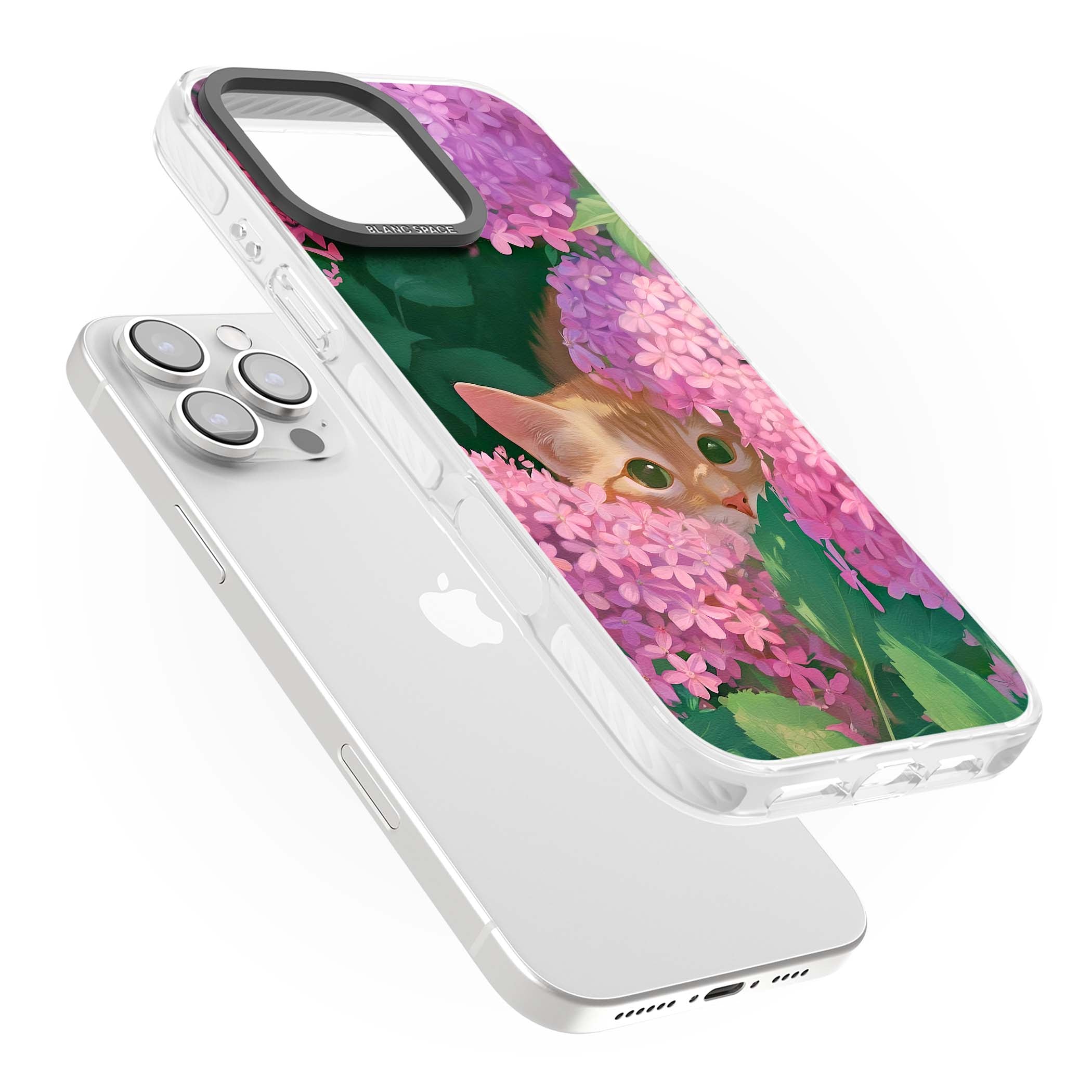 Cat In Pink Flowers cottagecore iPhone case featuring a ginger kitten peeking through lilac and pink hydrangea flo | Clear Impact case for iPhone 16 Pro, iPhone 16 Pro Max