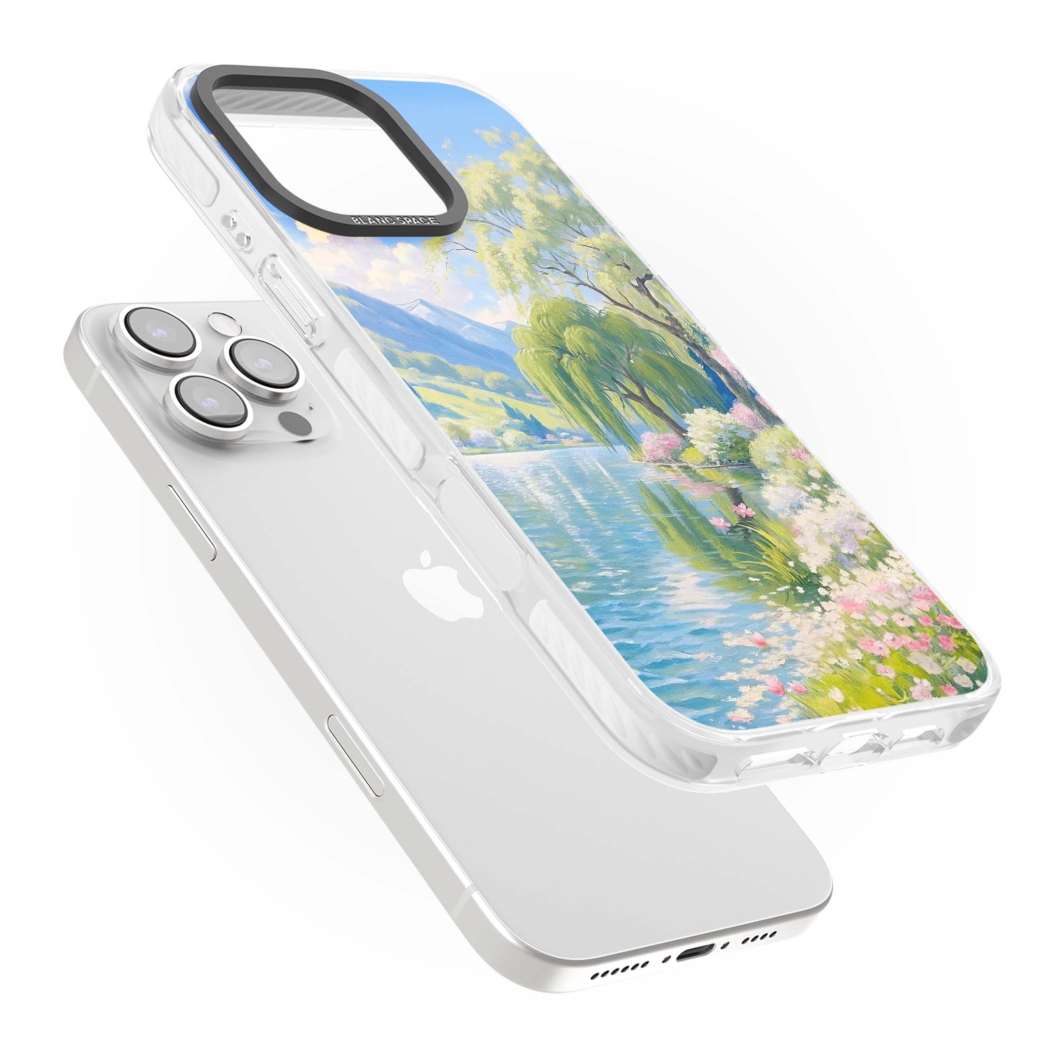 Willow Lake cottagecore iPhone case featuring a painted lakeside with weeping willow, blossoms and distant mountains | Clear Impact case for iPhone 16 Pro, iPhone 16 Pro Max