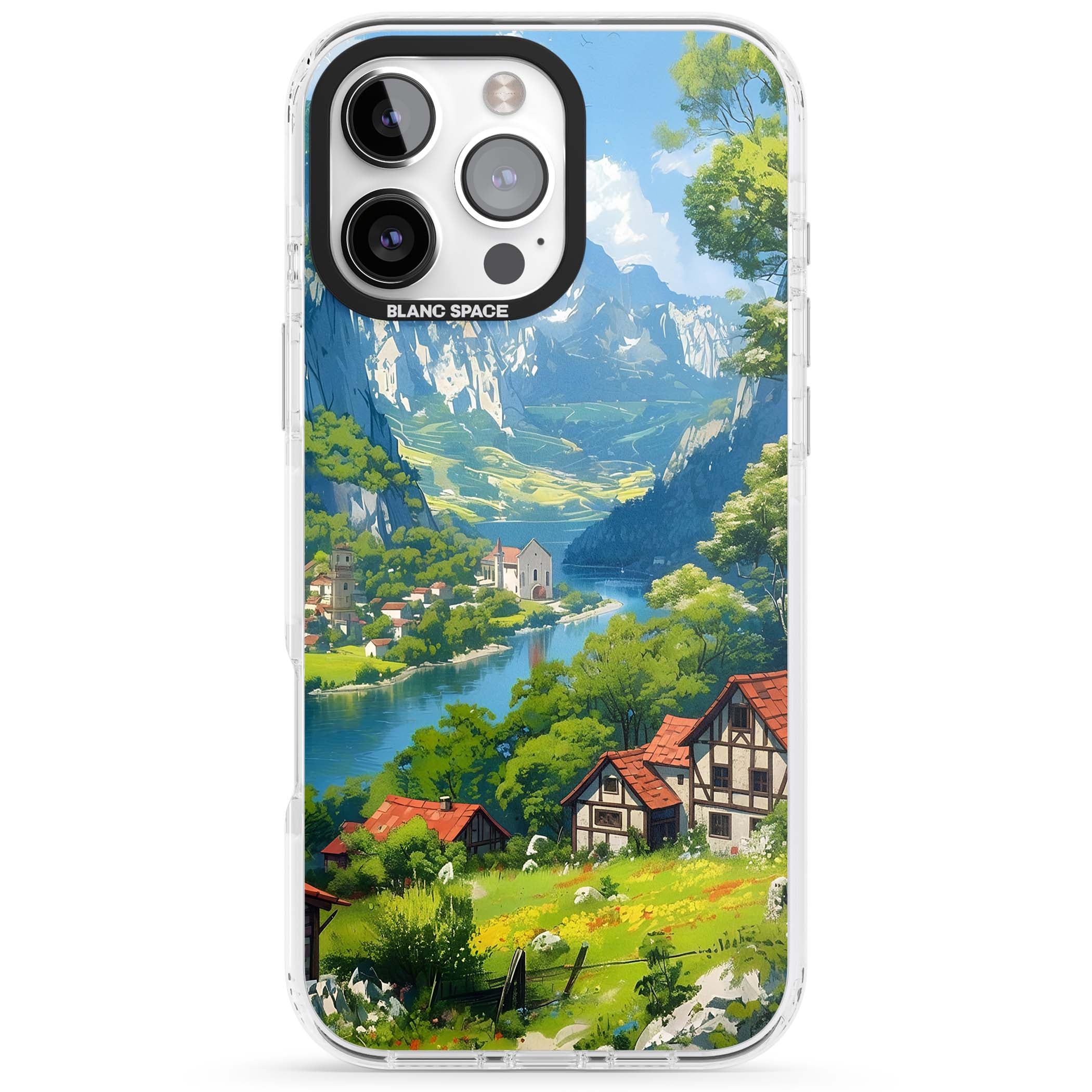 Village In The Valley anime iPhone case featuring a painted mountain village, river valley and half-timbered cottages. | Clear Impact case for iPhone 16 Pro, iPhone 16 Pro Max