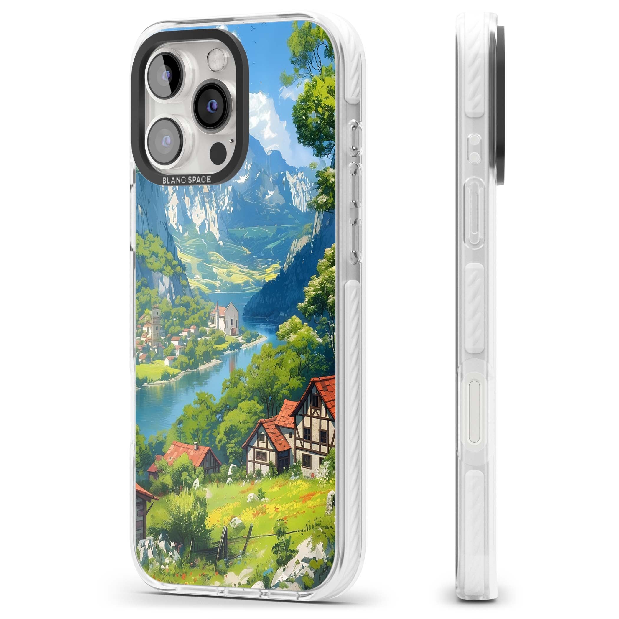 Village In The Valley anime iPhone case featuring a painted mountain village, river valley and half-timbered cottages. | Clear Impact case for iPhone 16 Pro, iPhone 16 Pro Max
