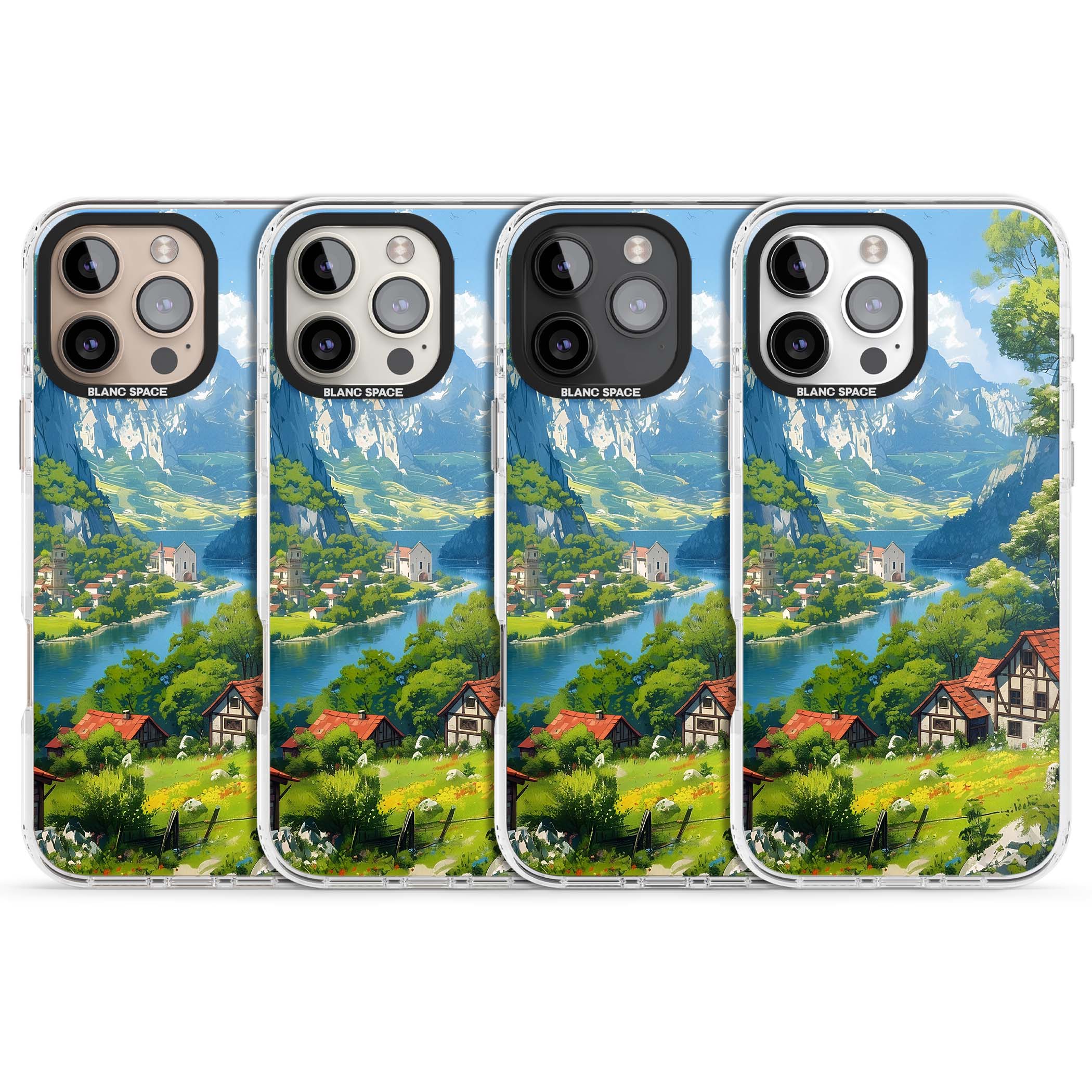 Village In The Valley anime iPhone case featuring a painted mountain village, river valley and half-timbered cottages. | Clear Impact case for iPhone 16 Pro, iPhone 16 Pro Max