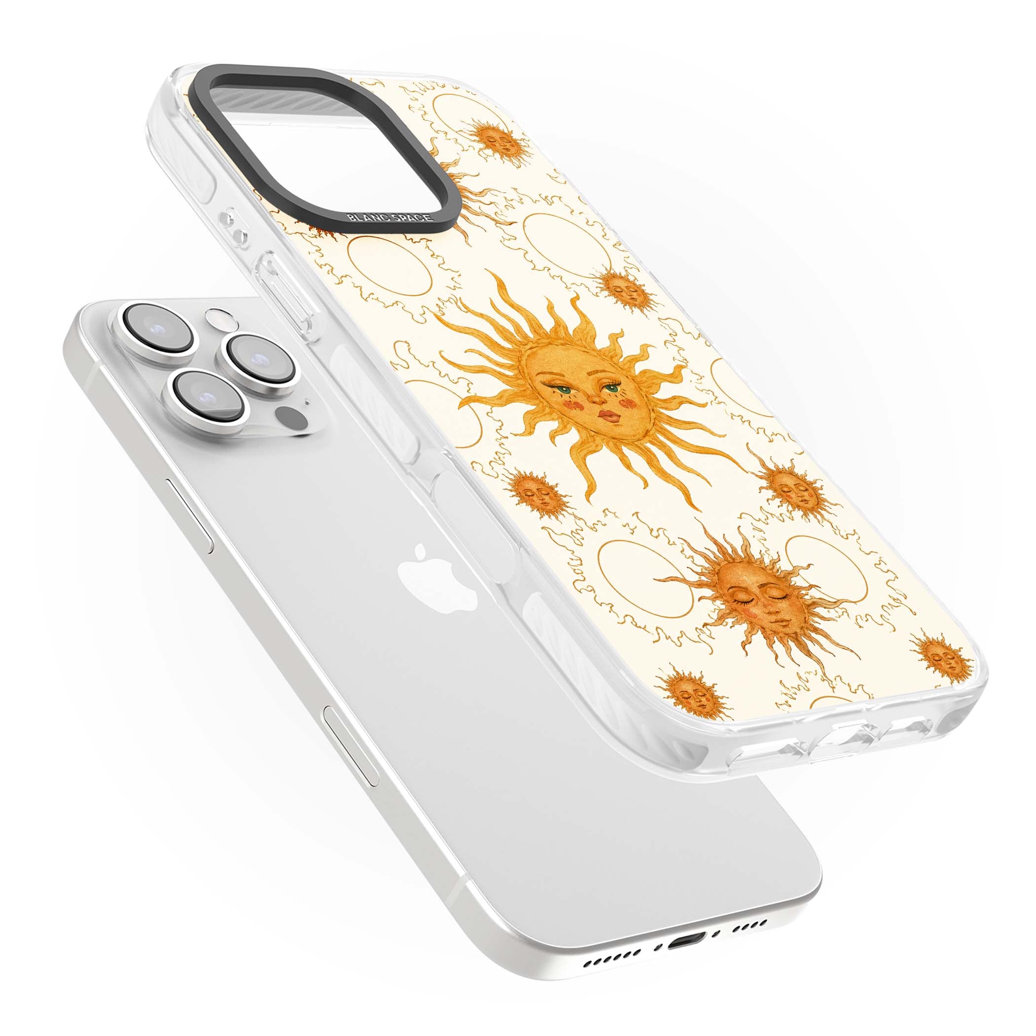 Solstice Muse celestial iPhone case featuring hand-painted golden sun faces, closed-eye sun goddesses and outlined moons... | Clear Impact case for iPhone 16 Pro, iPhone 16 Pro Max