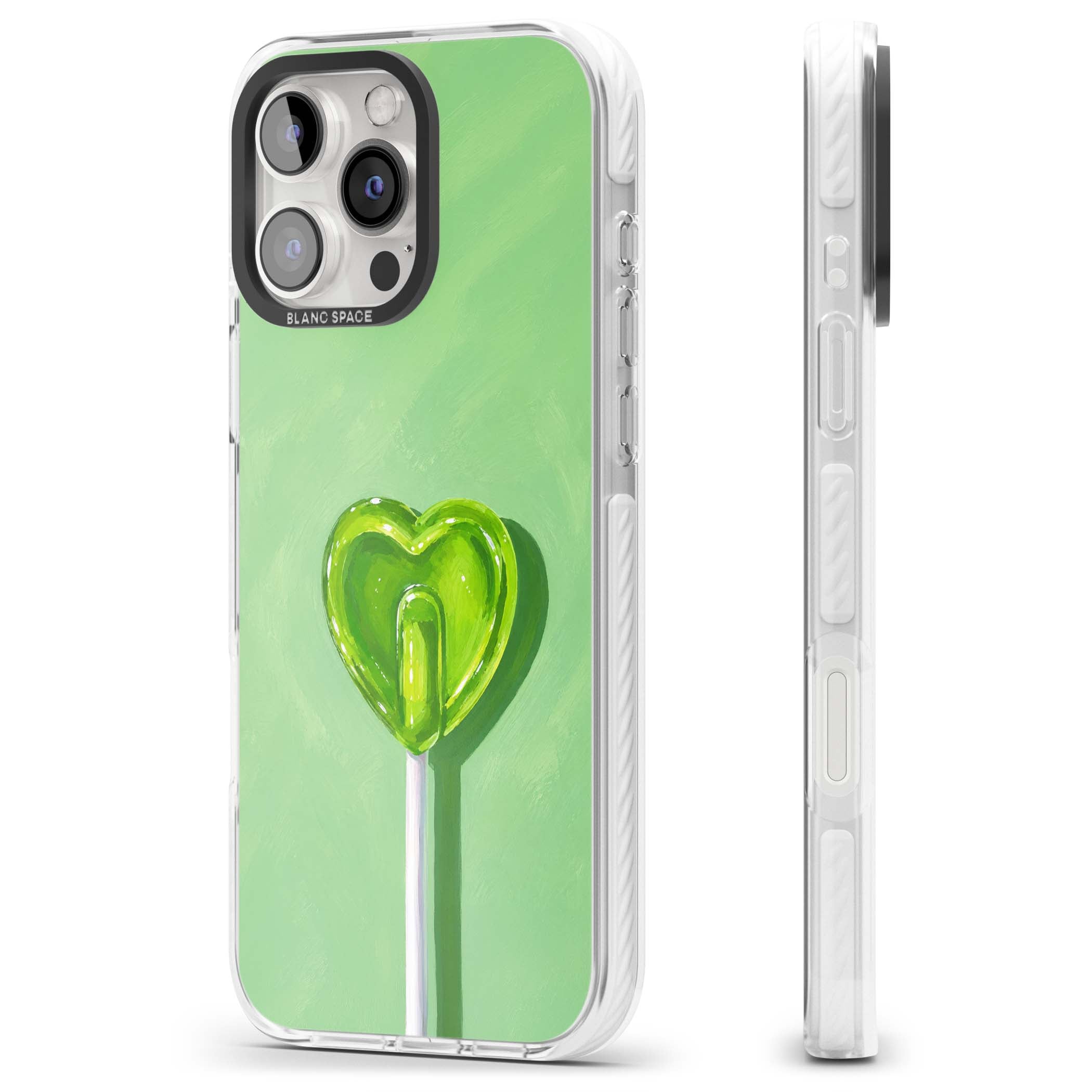 Green Lollipop candy art iPhone case featuring a glossy green heart-shaped lollipop on a painted pastel green background | Clear Impact case for iPhone 16 Pro, iPhone 16 Pro Max