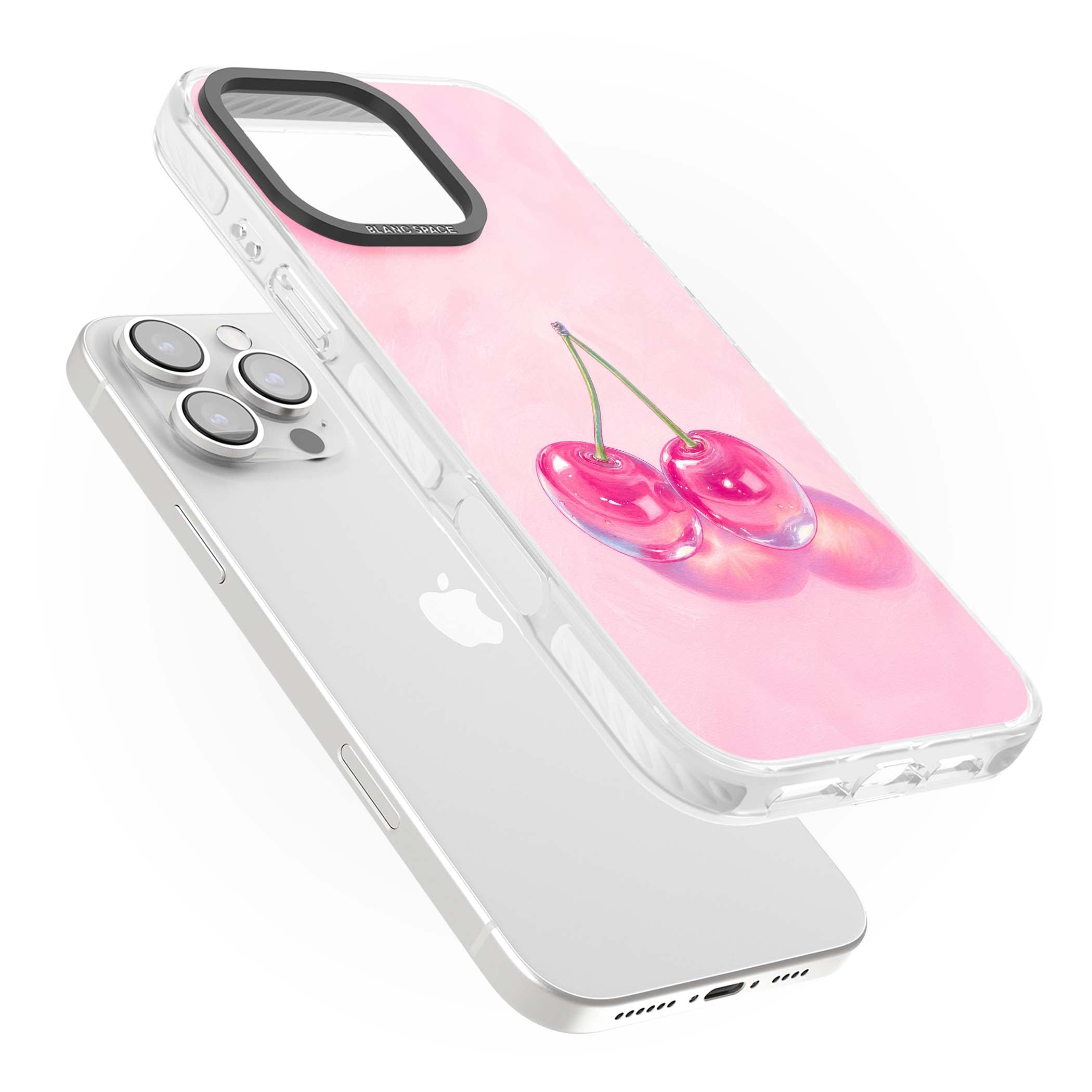 Pink Glass Cherry coquette iPhone case featuring two glossy painted cherries on a soft pink background | Clear Impact case for iPhone 16 Pro, iPhone 16 Pro Max