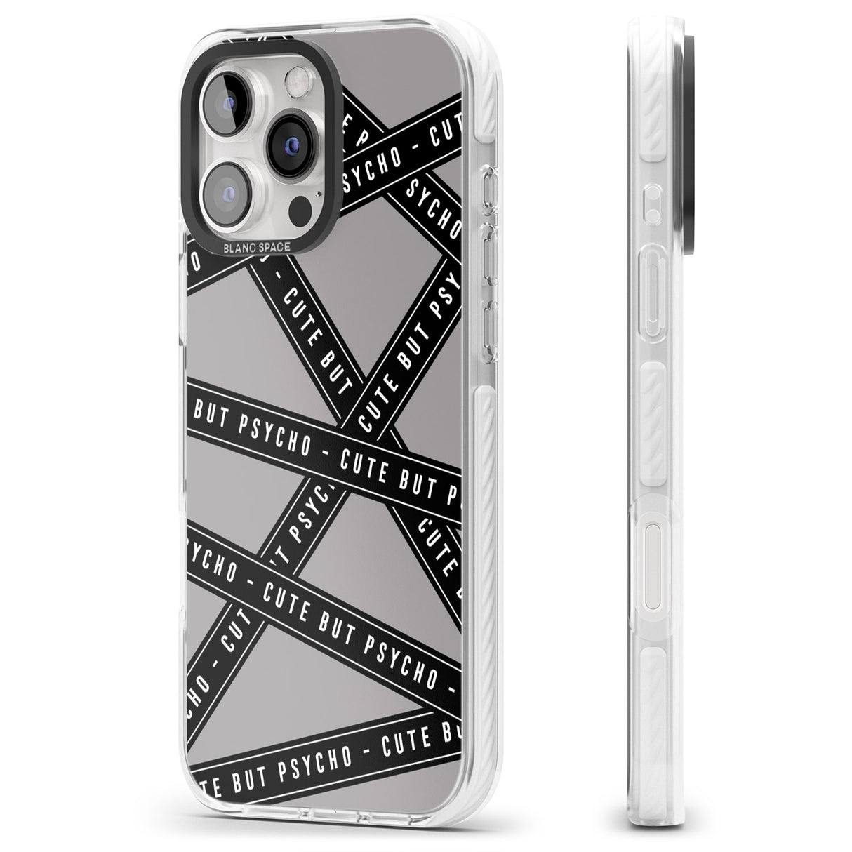 iPhone 16 Pro Max Caution Tape Phrases Cute But Psycho Black Impact Phone Case