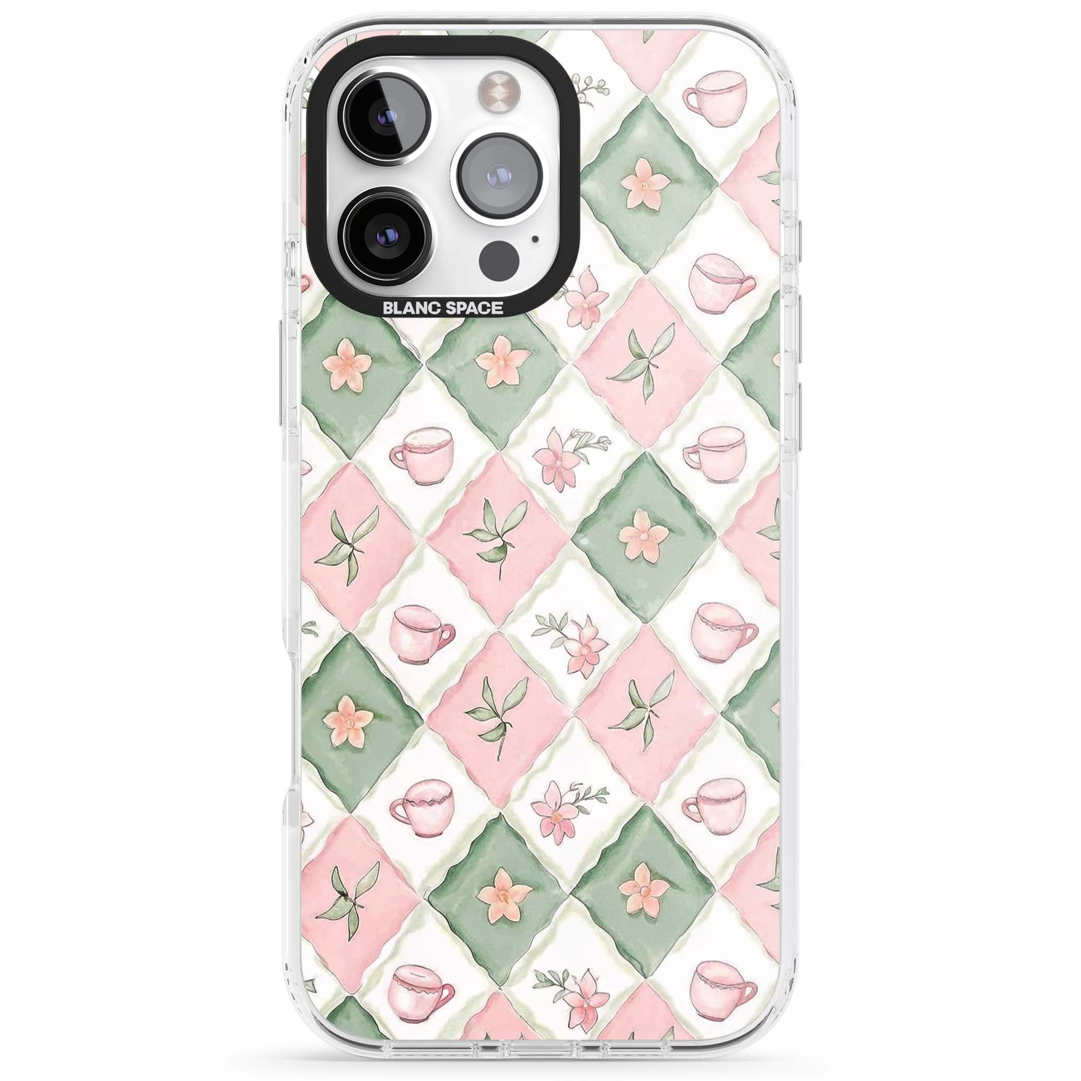 Garden Tea Party coquette iPhone case with pink and green checkered pattern, watercolour teacups and wildflowers | Clear Impact case for iPhone 16 Pro, iPhone 16 Pro Max