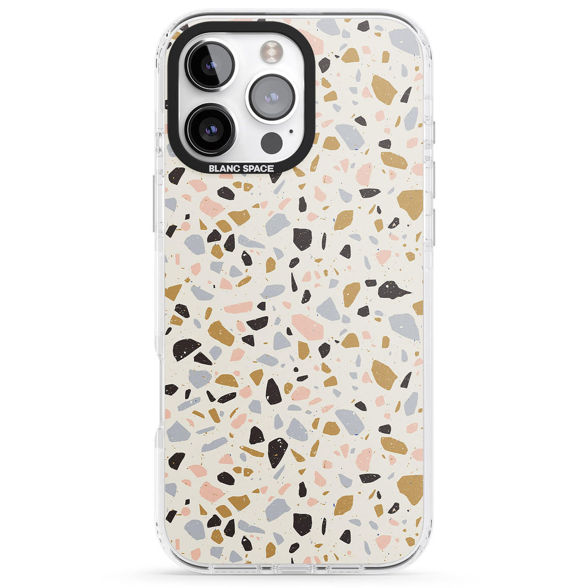 iPhone 16 Pro Max Pale Pink, Blue, & Mocha Terrazzo Pattern Black Impact Phone Case