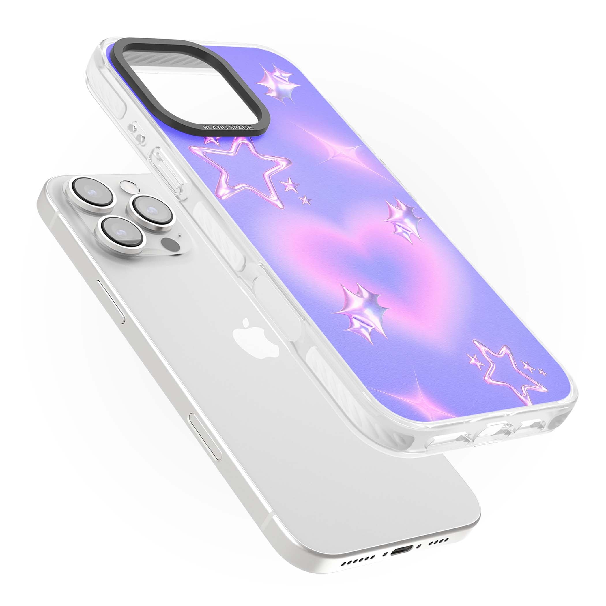 Soft Sugar Y2K iPhone case featuring iridescent chrome hearts, metallic pink stars and a lavender gradient sky | Clear Impact case for iPhone 16 Pro, iPhone 16 Pro Max