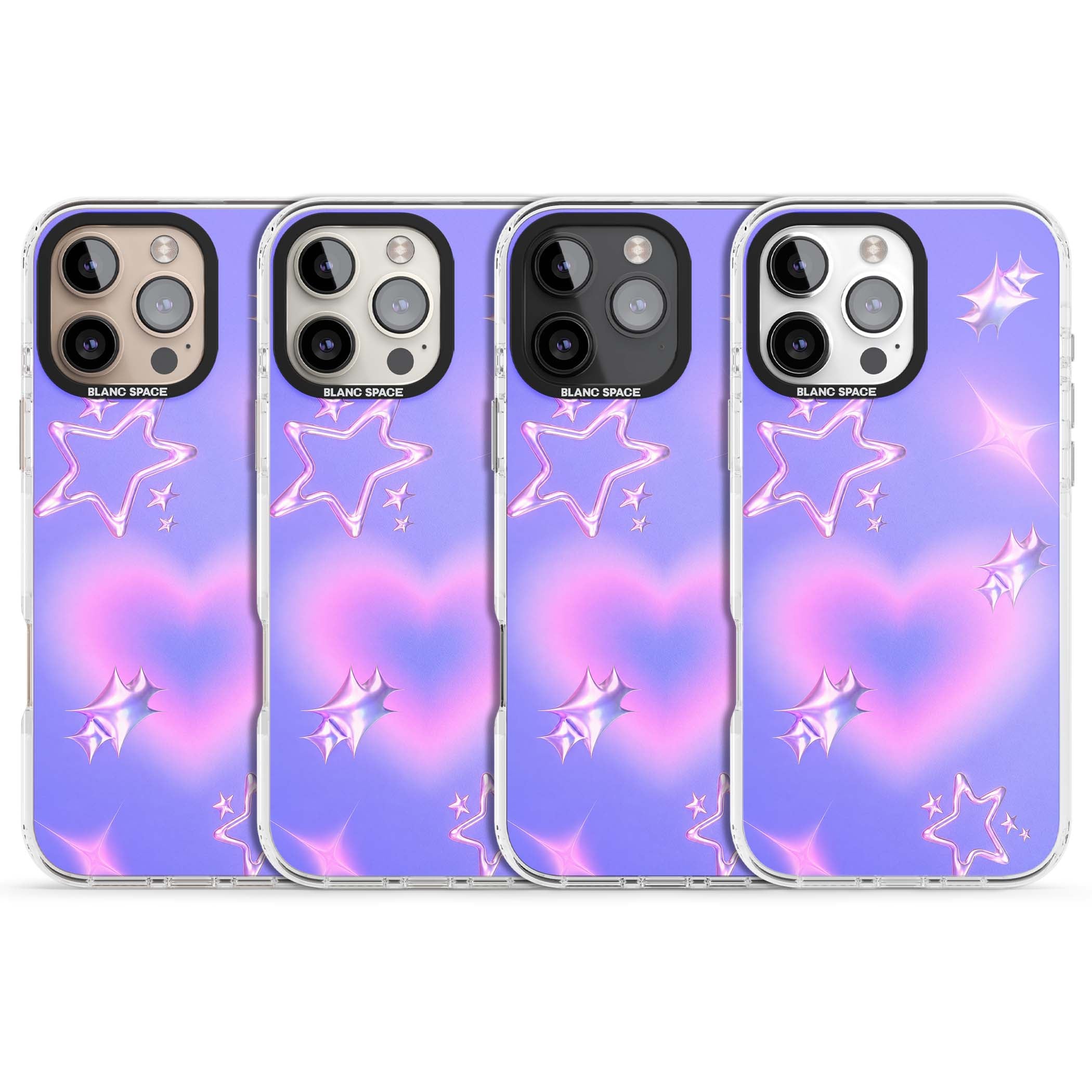 Soft Sugar Y2K iPhone case featuring iridescent chrome hearts, metallic pink stars and a lavender gradient sky | Clear Impact case for iPhone 16 Pro, iPhone 16 Pro Max