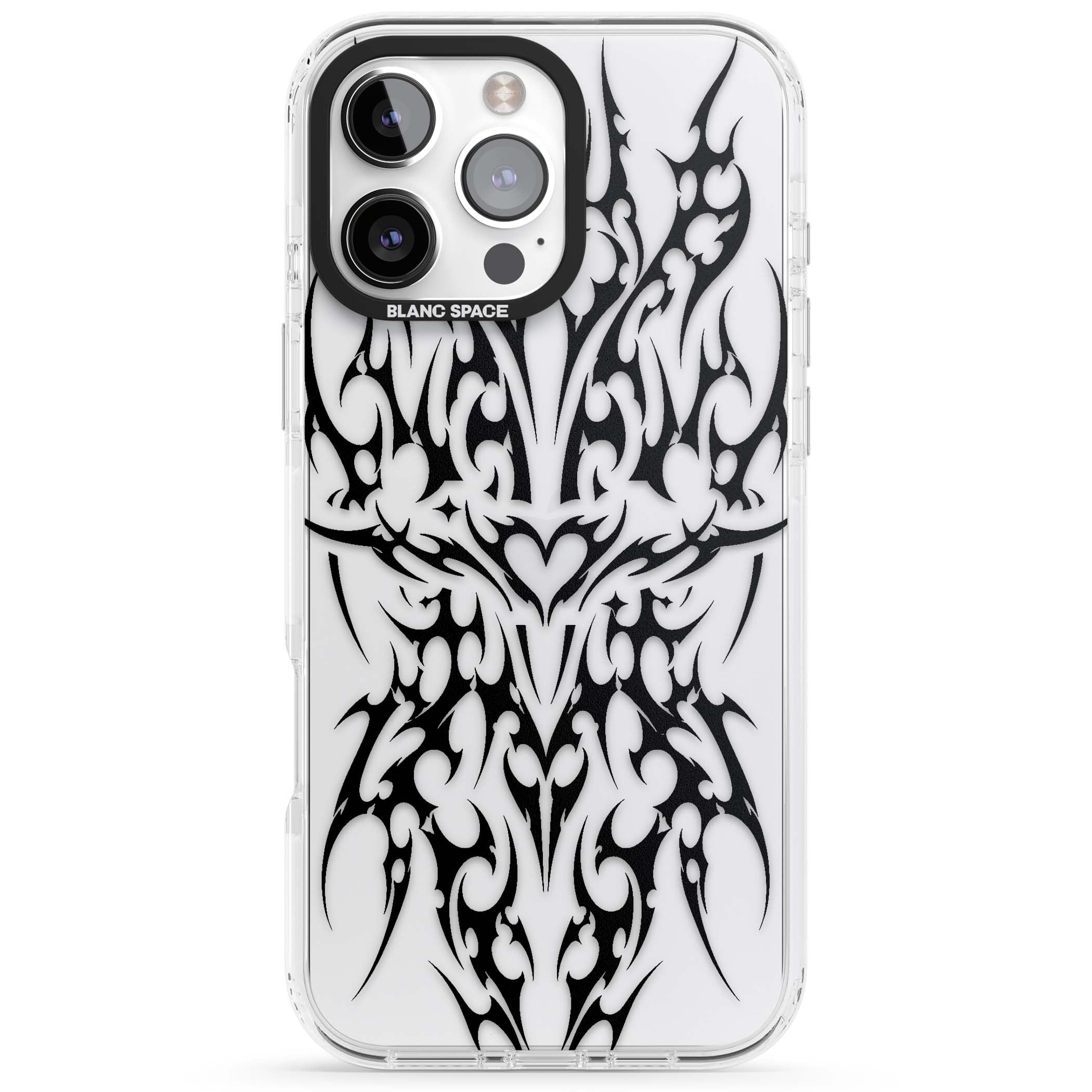 Neo Tribal Heart gothic iPhone case featuring symmetrical black tribal tattoo art with sharp thorn-like linework | Clear Impact case for iPhone 16 Pro, iPhone 16 Pro Max