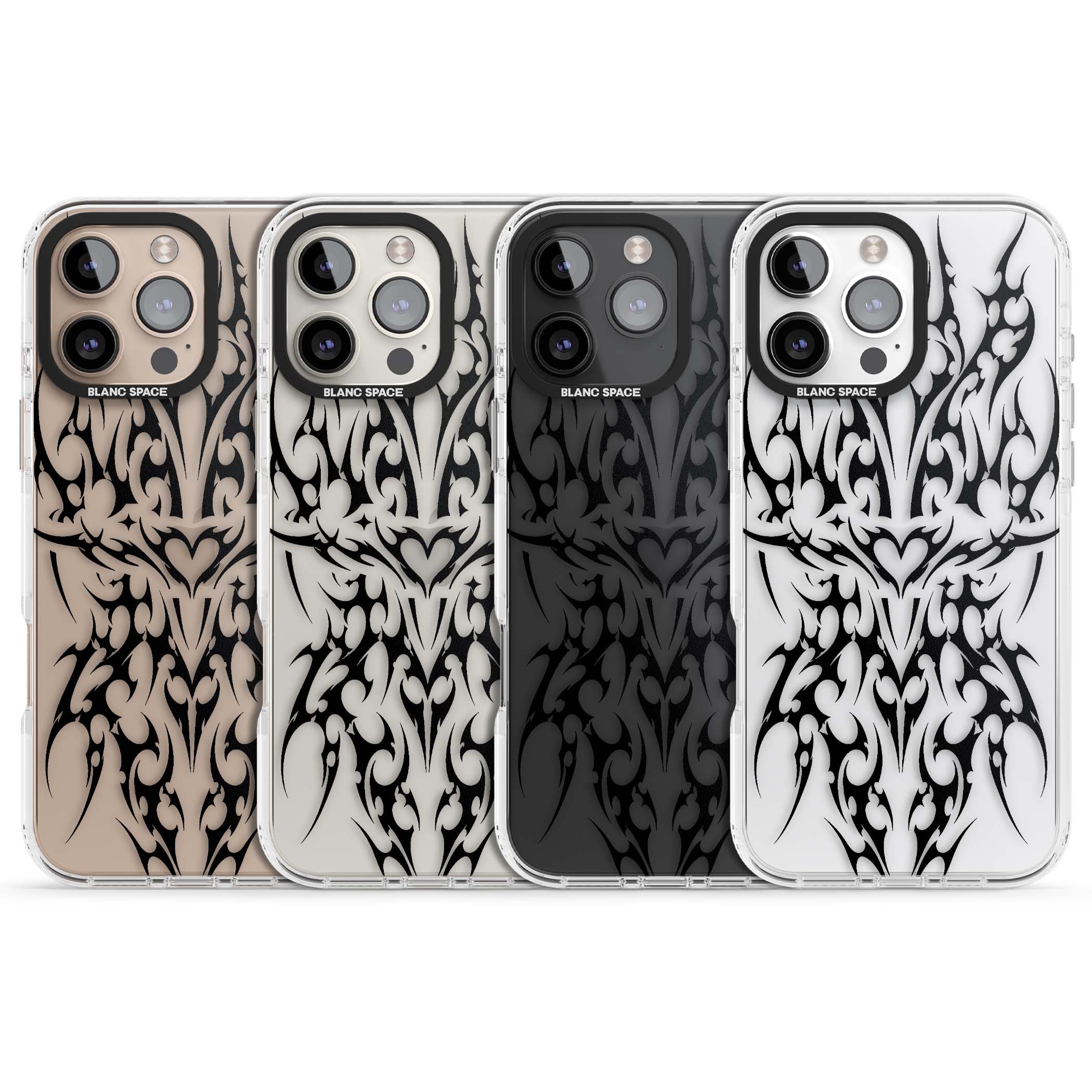 Neo Tribal Heart gothic iPhone case featuring symmetrical black tribal tattoo art with sharp thorn-like linework | Clear Impact case for iPhone 16 Pro, iPhone 16 Pro Max