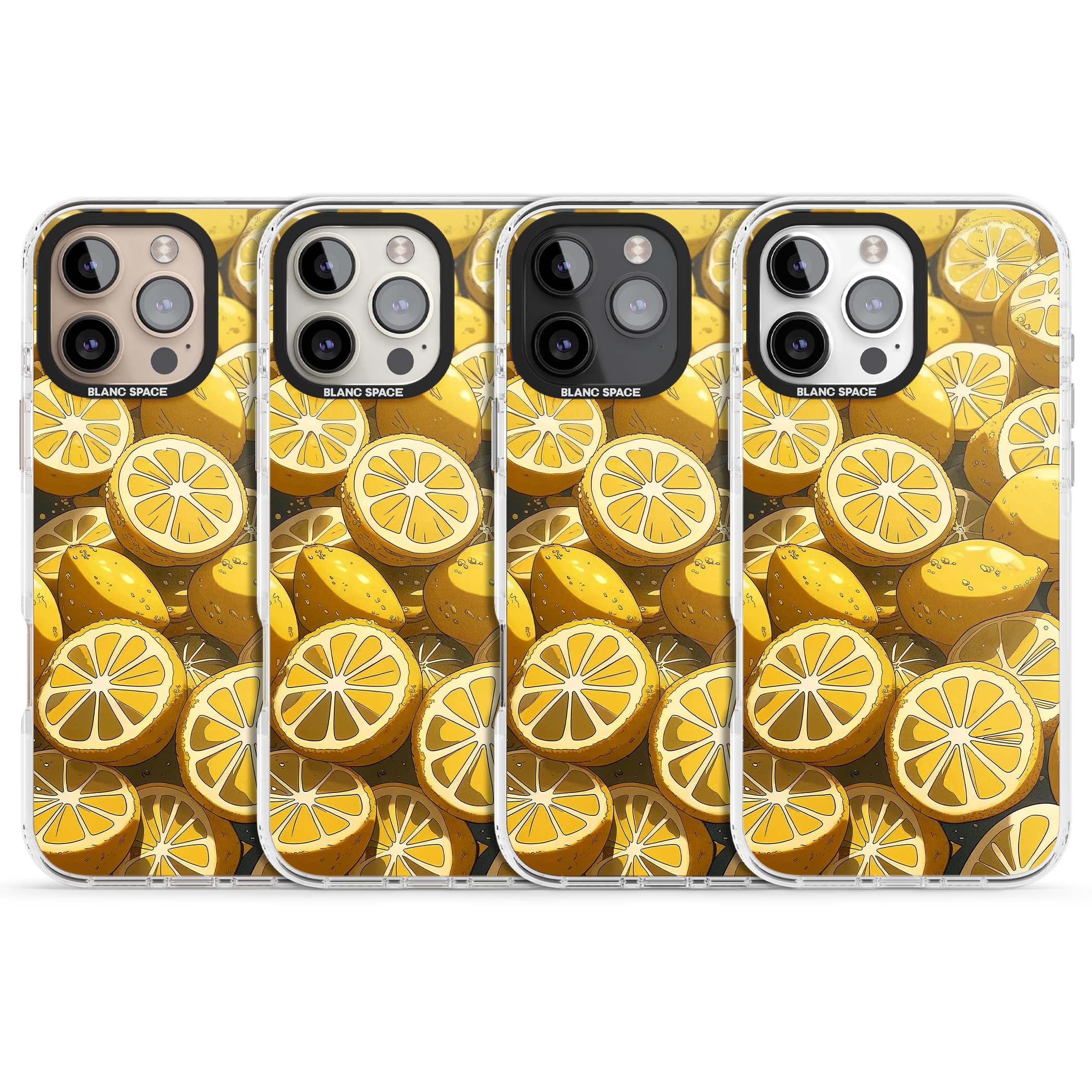 Zesty coastal iPhone case featuring illustrated Mediterranean lemons and citrus slices in golden yellow | Clear Impact case for iPhone 16 Pro, iPhone 16 Pro Max