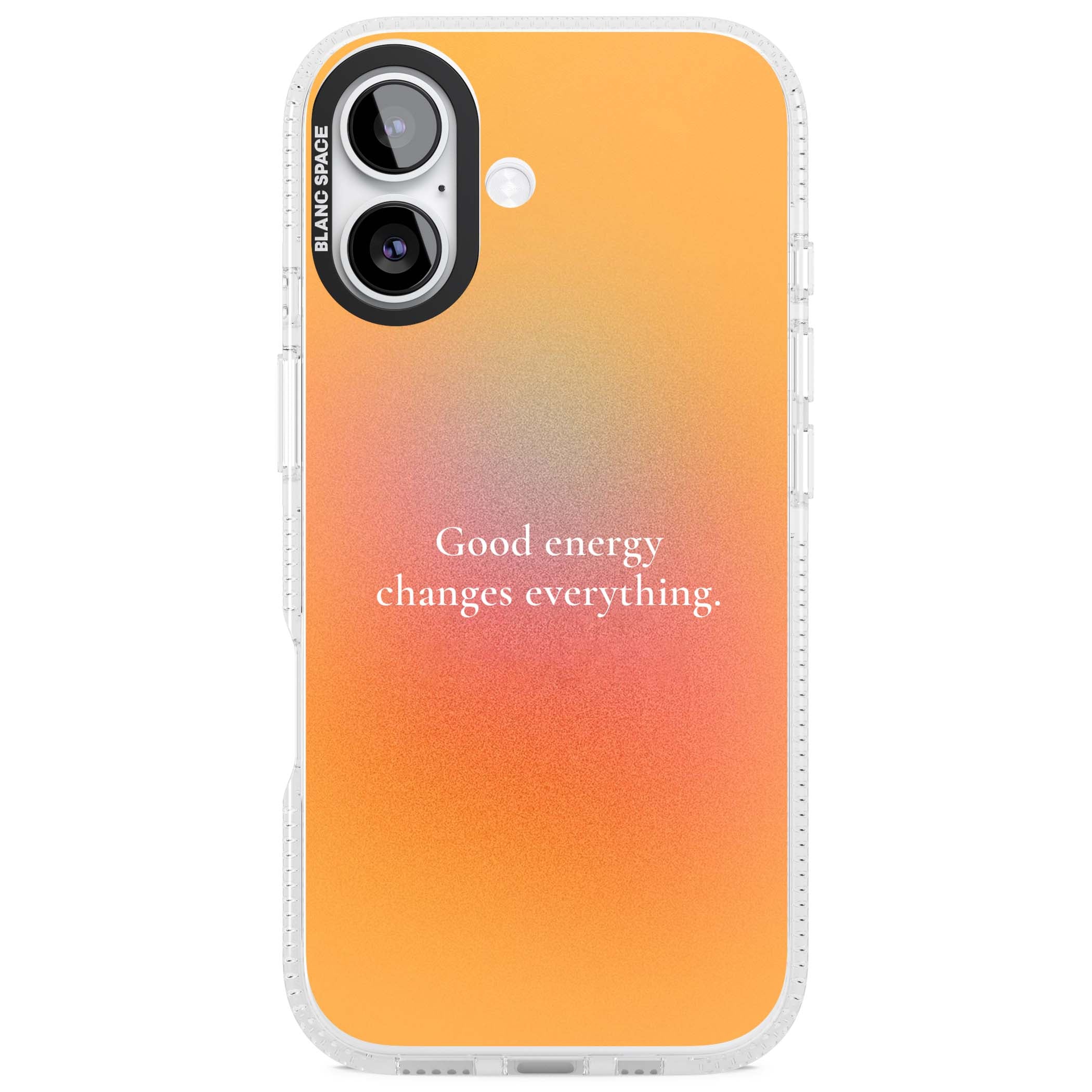 Good Energy quote iPhone case featuring an orange and pink aura gradient with white serif affirmation text | Clear Case Impact Air case for iPhone 17