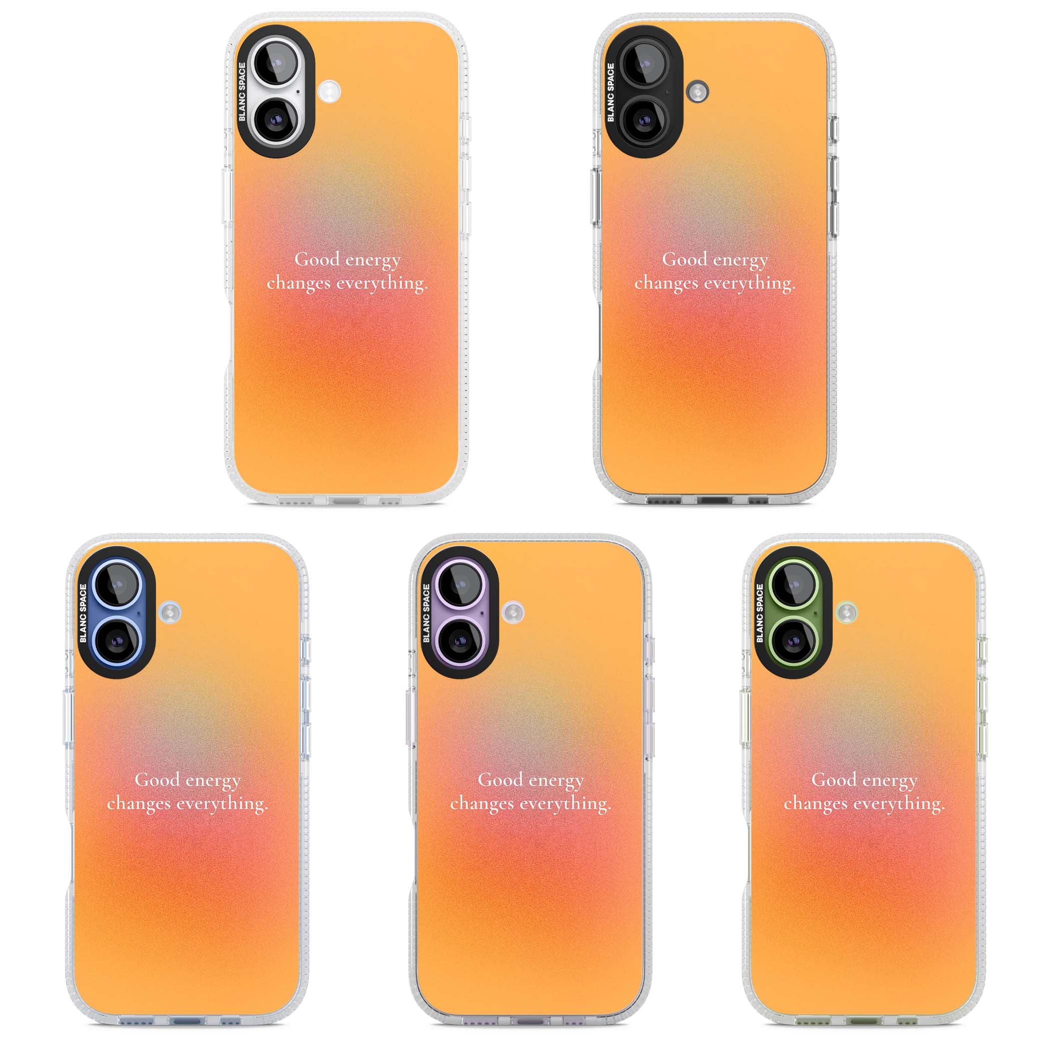 Good Energy quote iPhone case featuring an orange and pink aura gradient with white serif affirmation text | Clear Case Impact Air case for iPhone 17