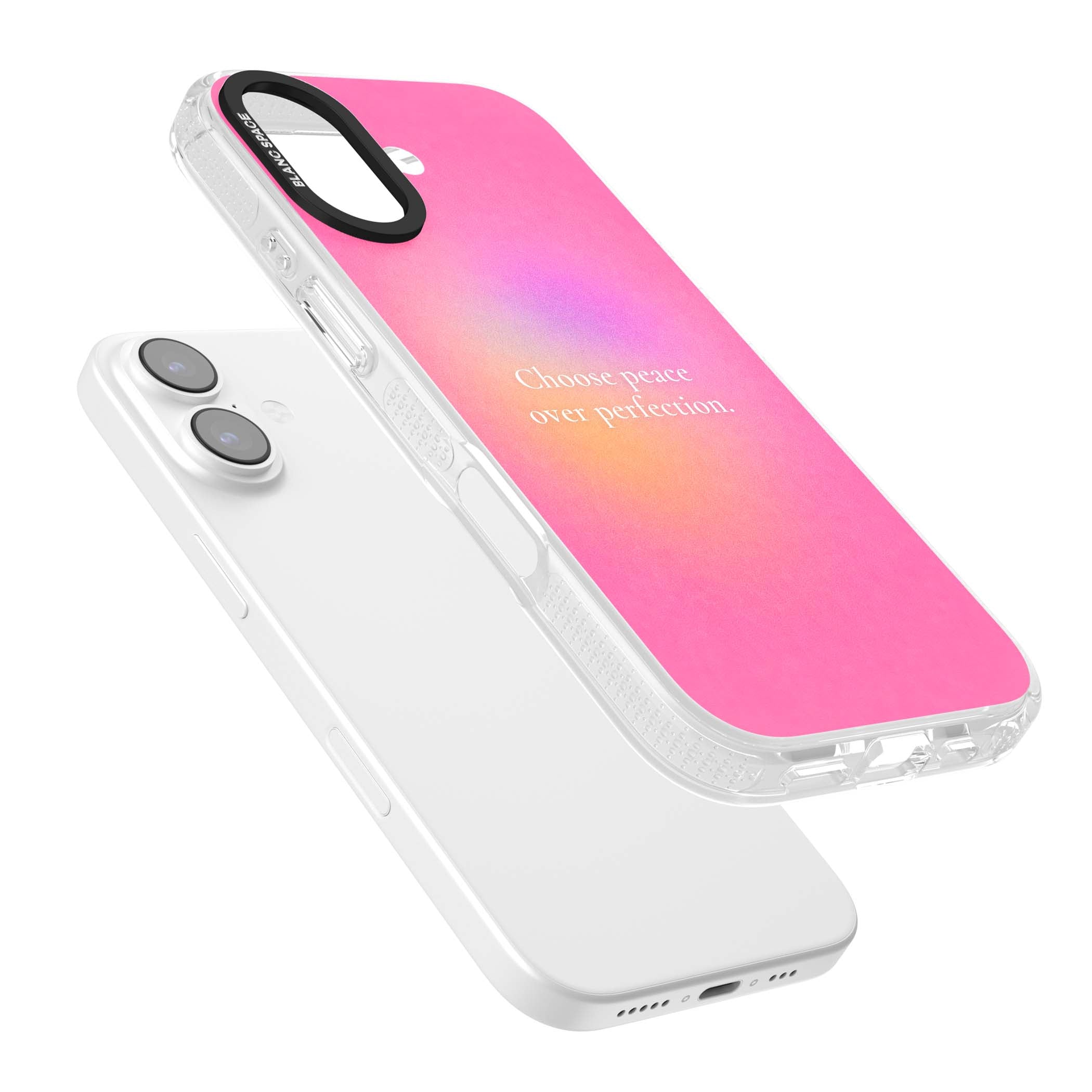 Peace Over Perfection quote iPhone case featuring a dreamy pink aura gradient and delicate white affirmation text | Clear Case Impact Air case for iPhone 17