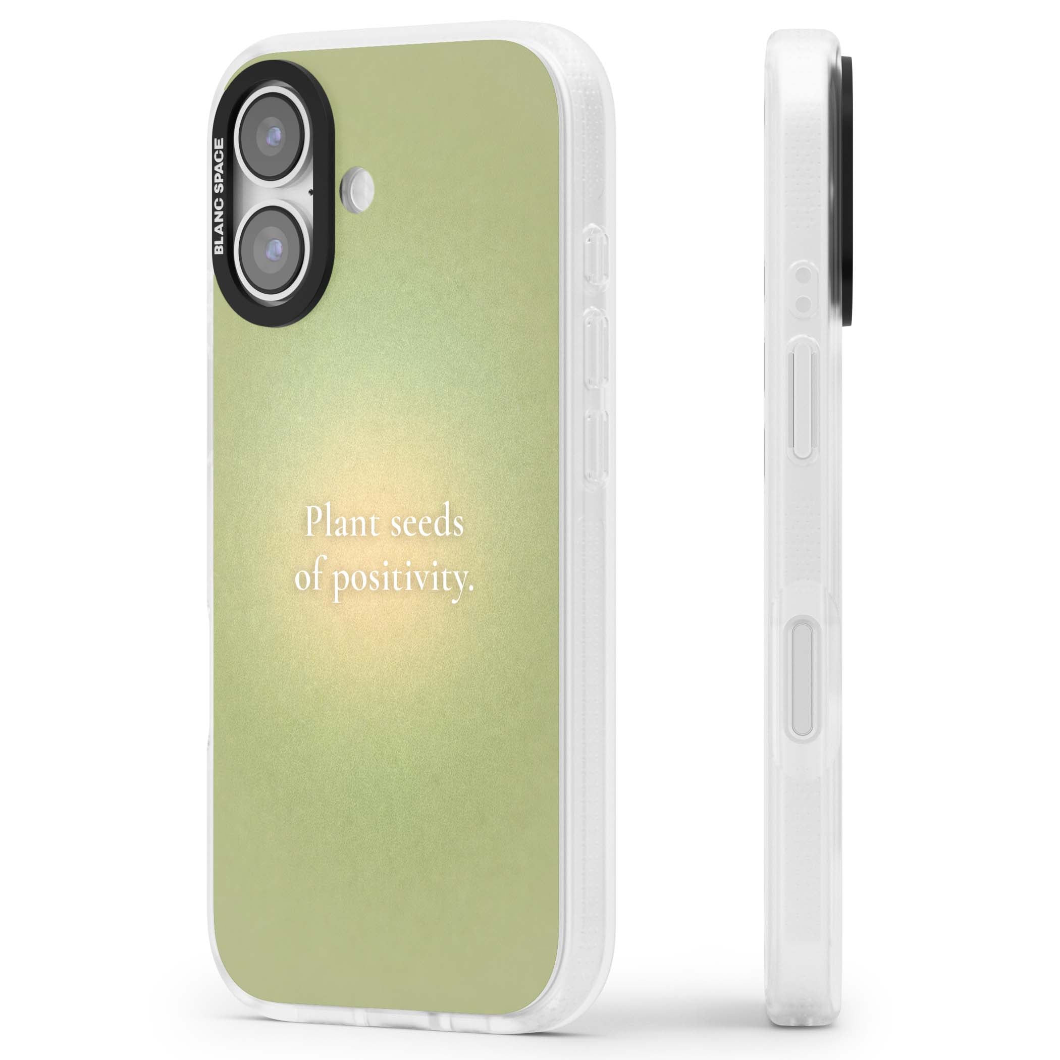 Seeds of Positivity quote iPhone case featuring a sage green aura gradient and golden glow affirmation | Clear Case Impact Air case for iPhone 17