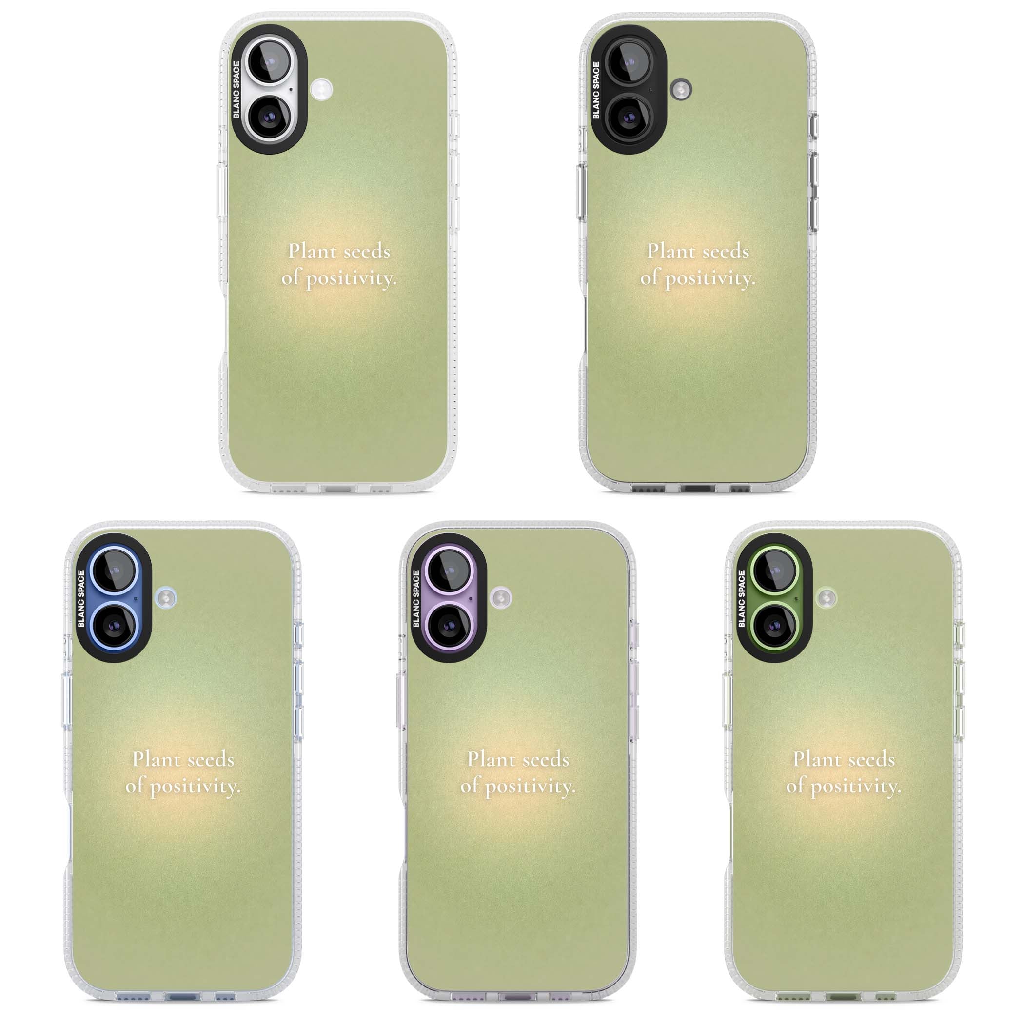 Seeds of Positivity quote iPhone case featuring a sage green aura gradient and golden glow affirmation | Clear Case Impact Air case for iPhone 17