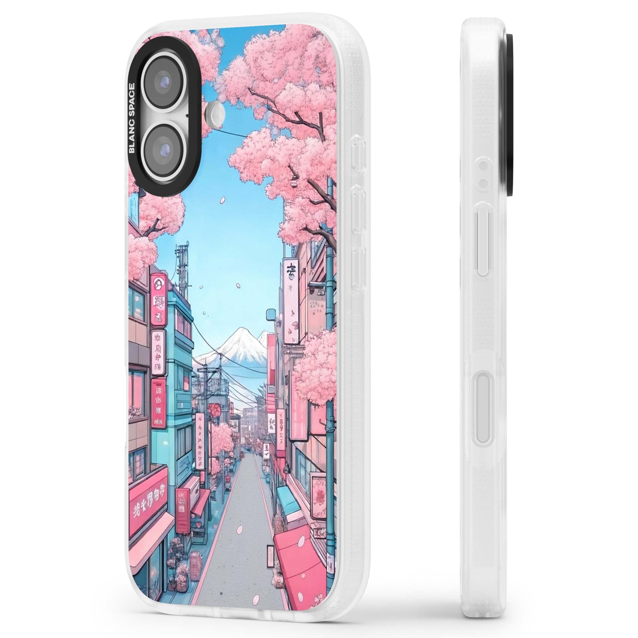 Sakura Lane anime iPhone case featuring Tokyo street scene with cherry blossoms and Mount Fuji | Clear Case Impact Air case for iPhone 17