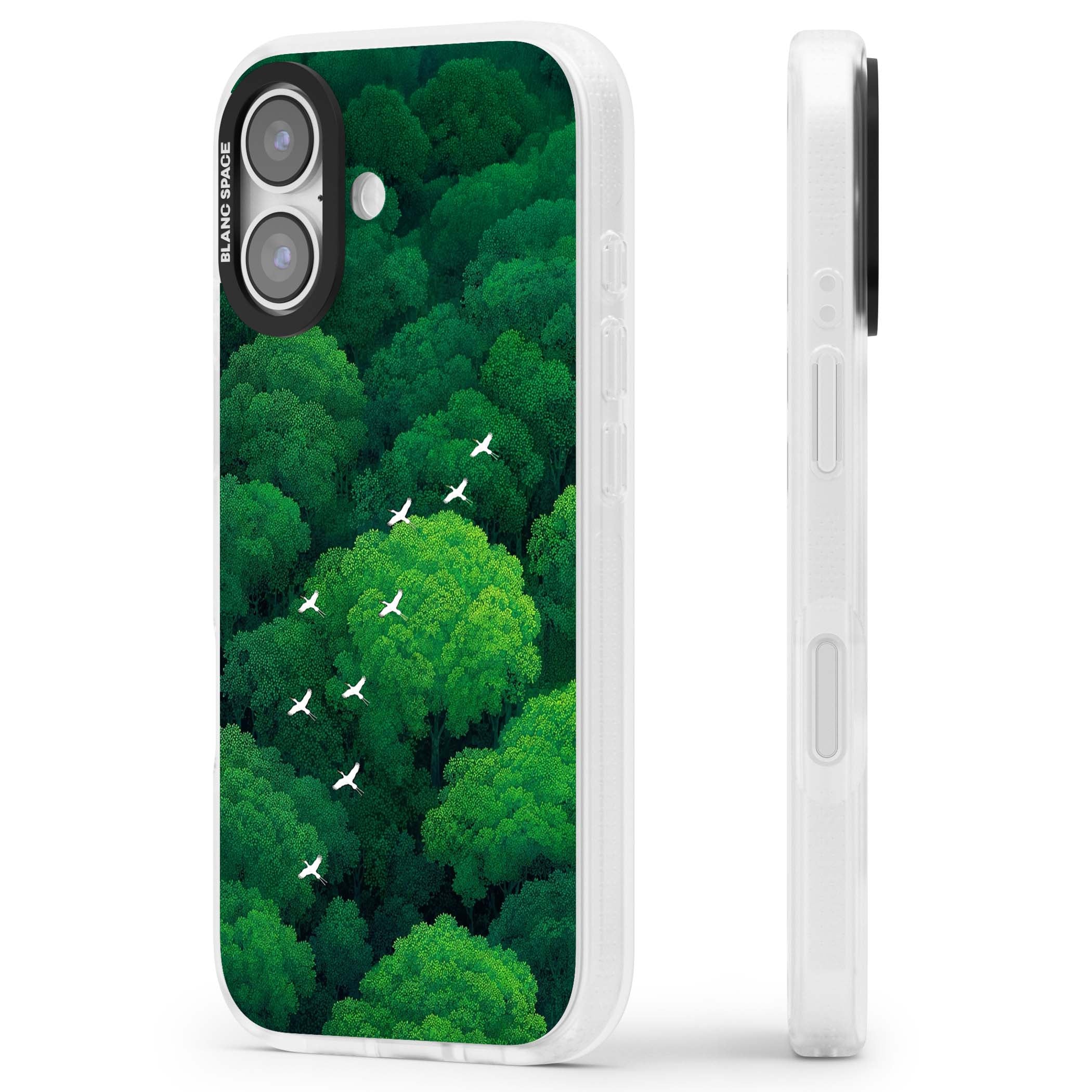 Grove Migration forest iPhone case featuring white cranes flying over lush green treetop canopy | Clear Case Impact Air case for iPhone 17
