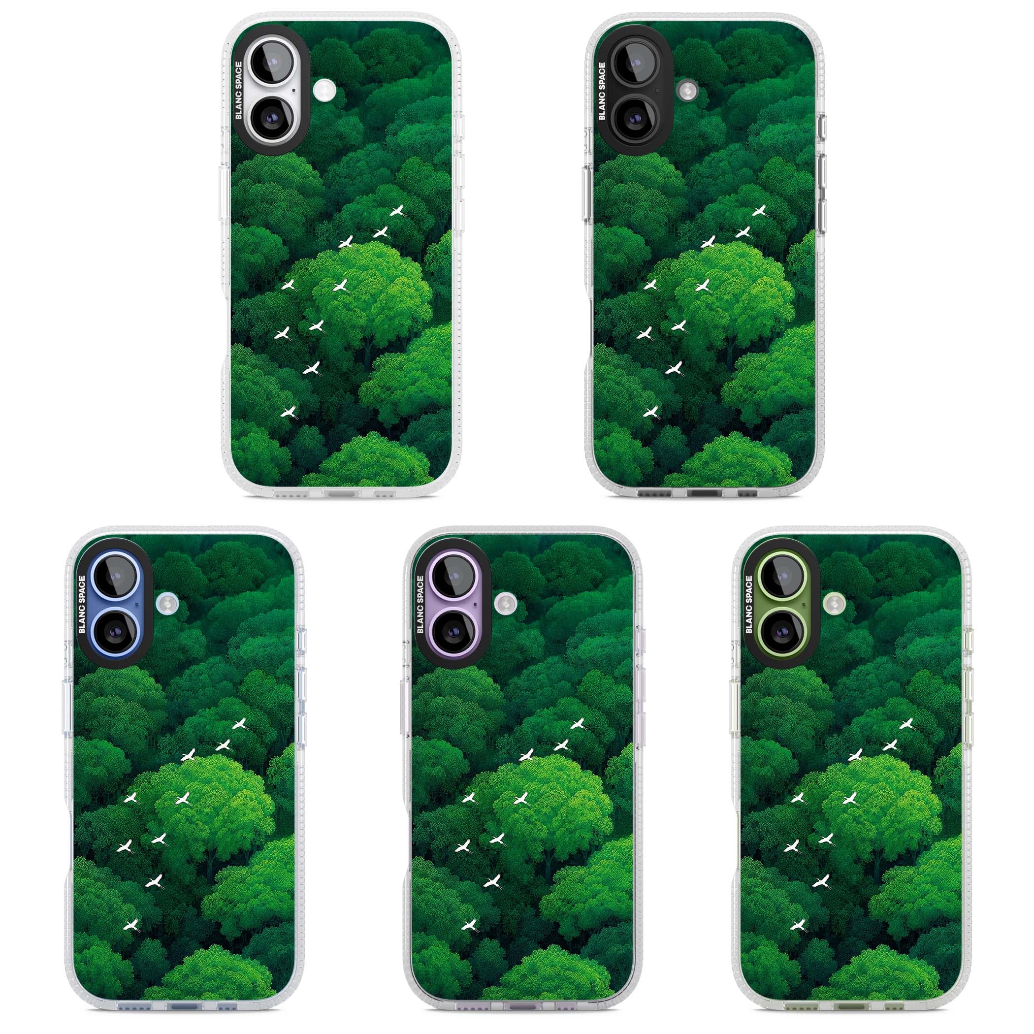 Grove Migration forest iPhone case featuring white cranes flying over lush green treetop canopy | Clear Case Impact Air case for iPhone 17