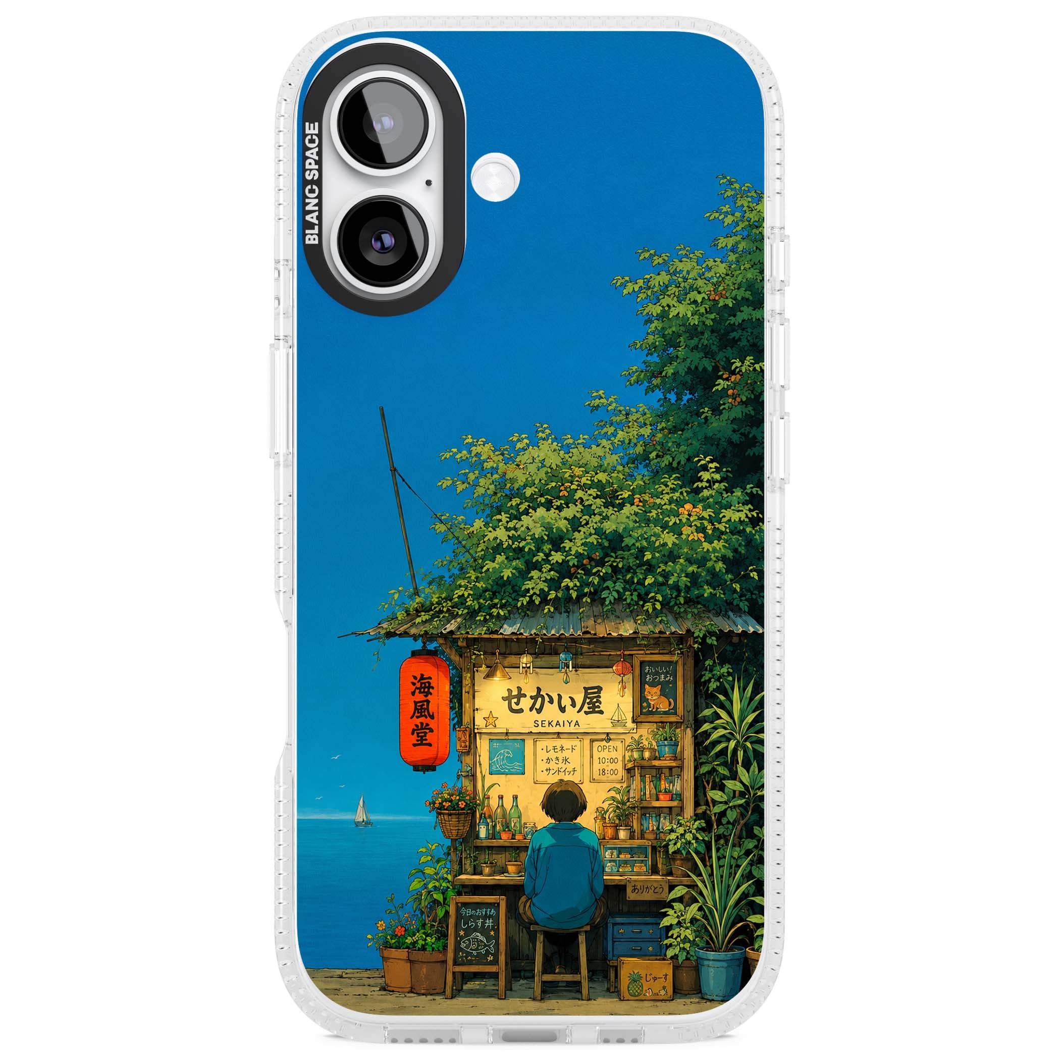 The Shirahama Kiosk anime iPhone case featuring a Japanese seaside shop, red paper lantern and ocean view | Clear Case Impact Air case for iPhone 17