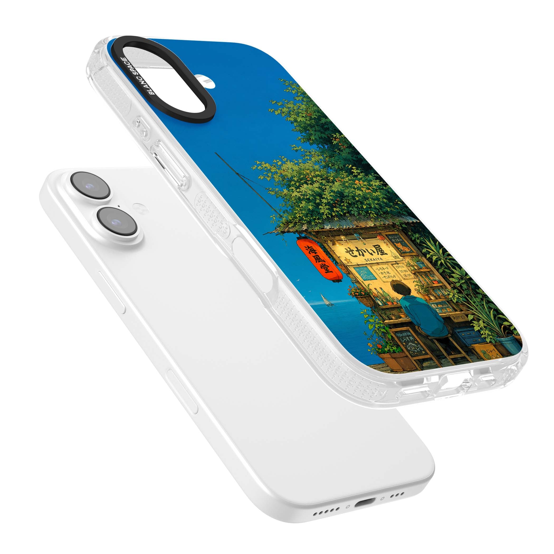 The Shirahama Kiosk anime iPhone case featuring a Japanese seaside shop, red paper lantern and ocean view | Clear Case Impact Air case for iPhone 17