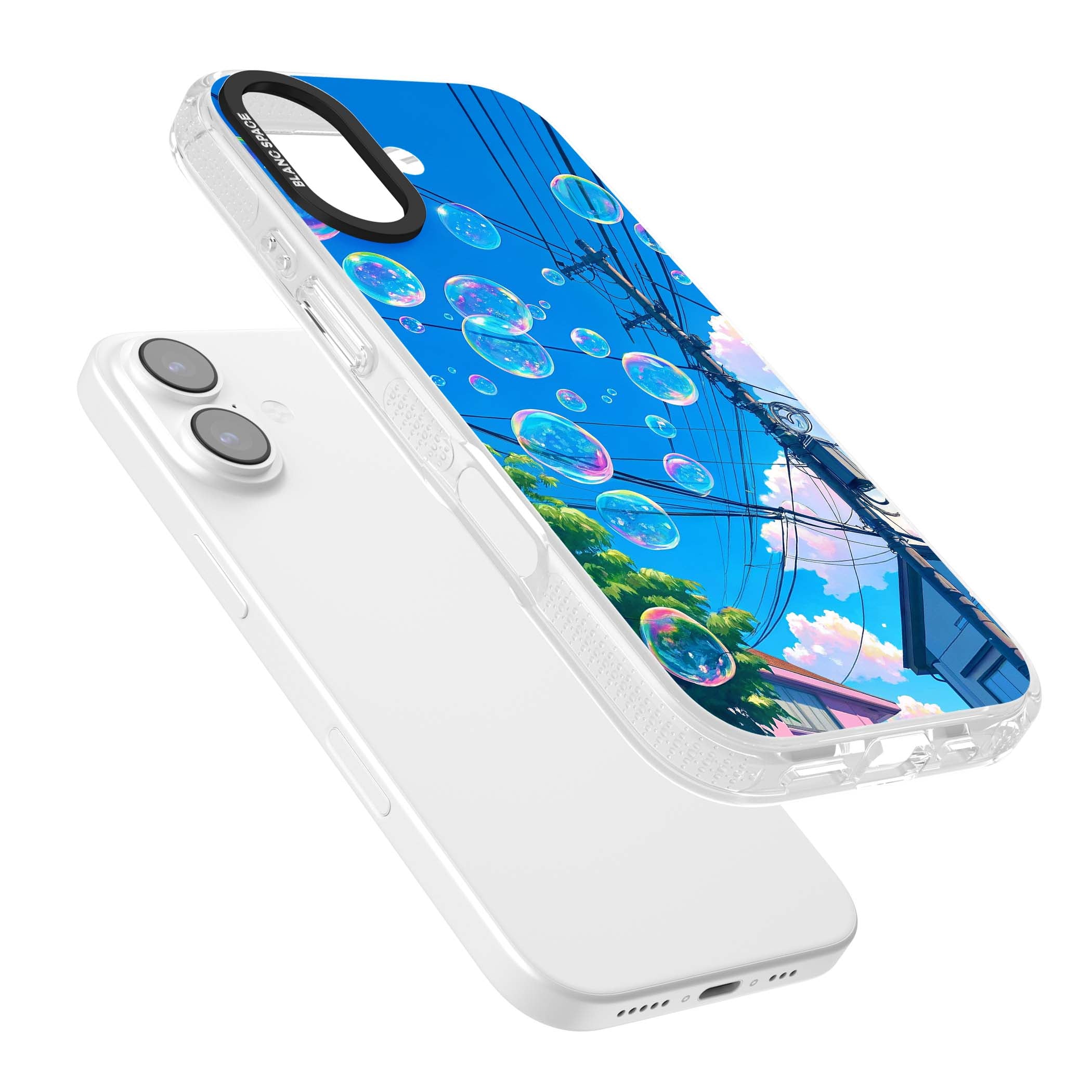 Suburban Bubbles anime iPhone case featuring iridescent soap bubbles, blue sky and Japanese telephone wires | Clear Case Impact Air case for iPhone 17