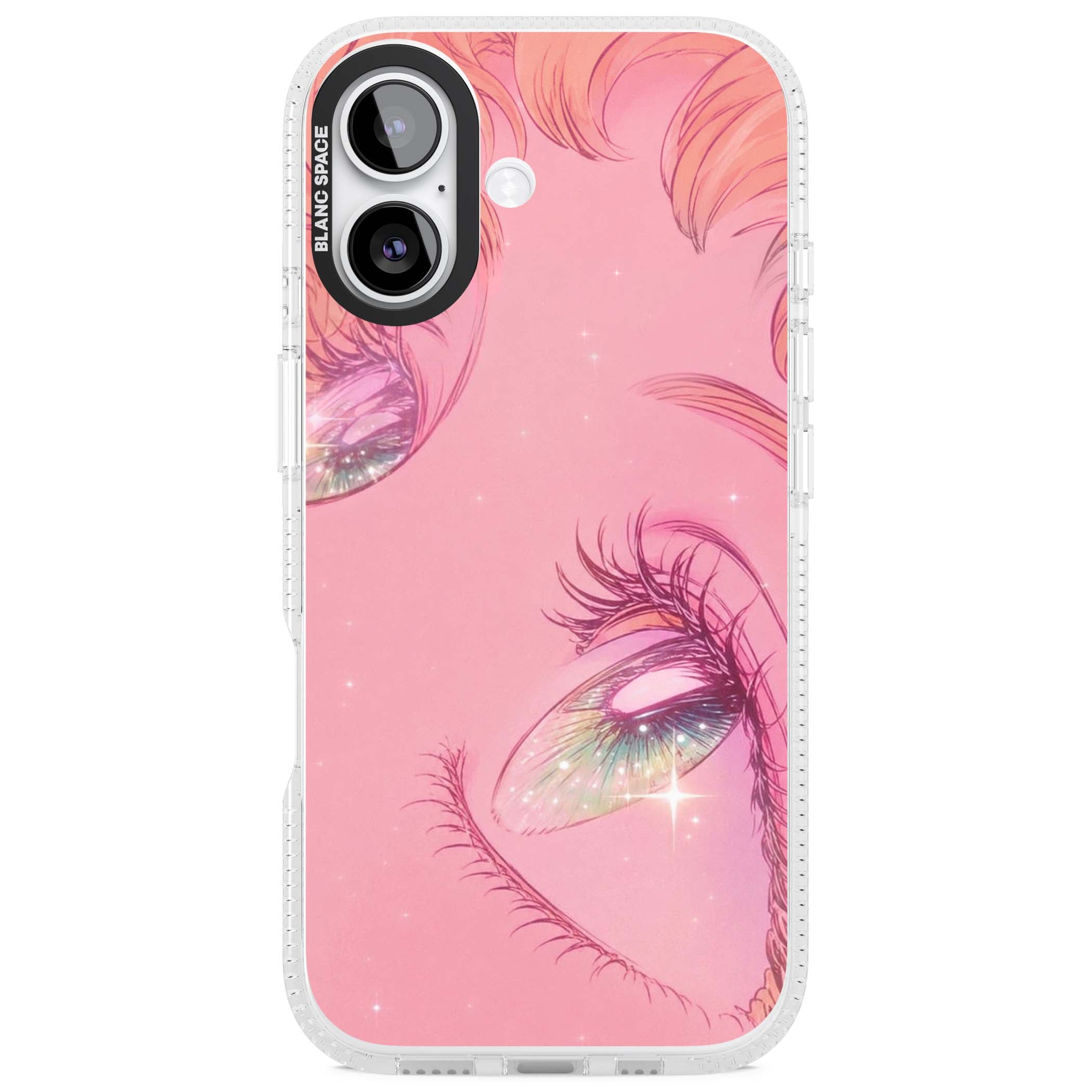 Pink Ethereal Gaze anime iPhone case featuring sparkling manga eyes, coral lashes and dreamy peach sky | Clear Case Impact Air case for iPhone 17