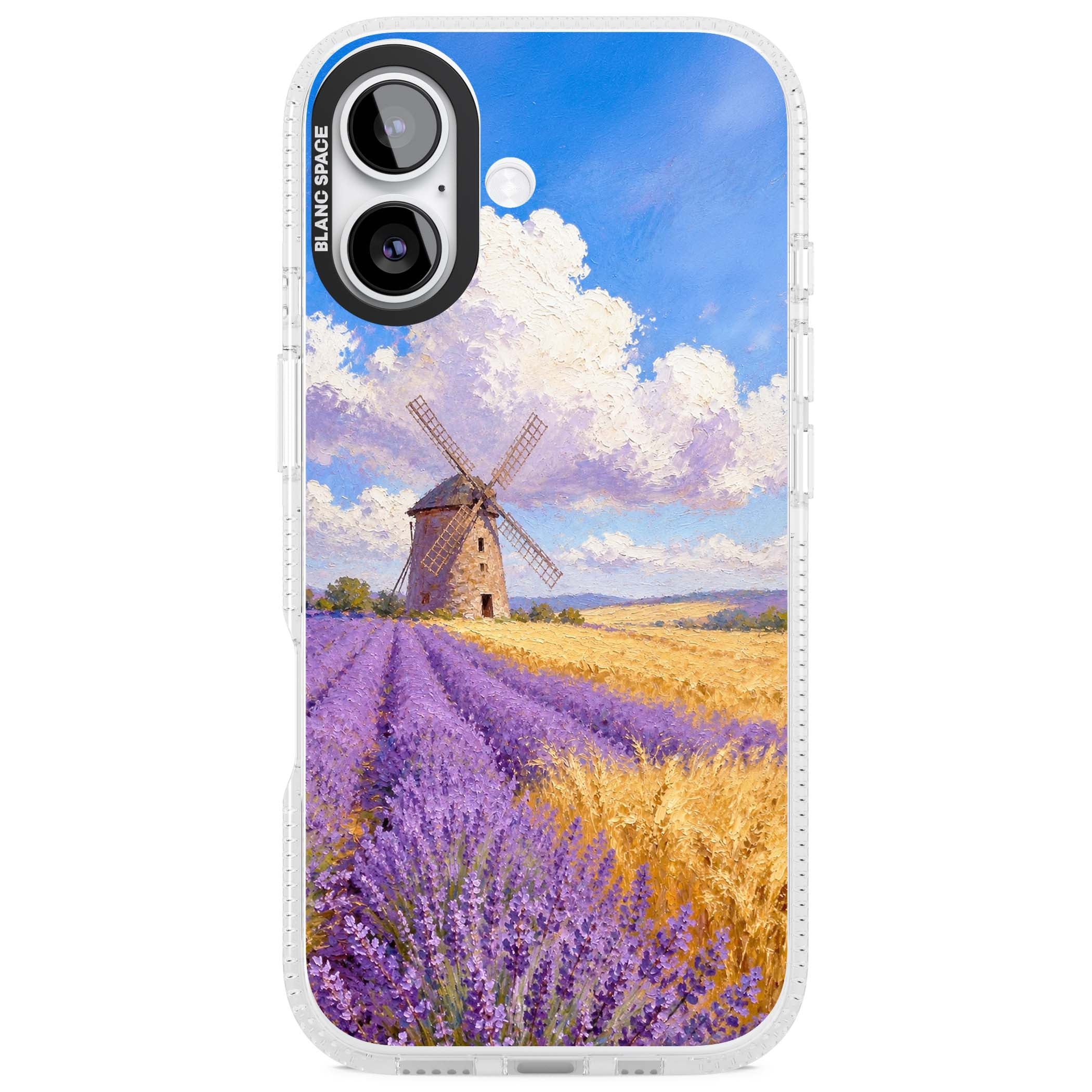 Lavender Mill cottagecore iPhone case featuring a French windmill, lavender field and golden wheat oil painting | Clear Case Impact Air case for iPhone 17