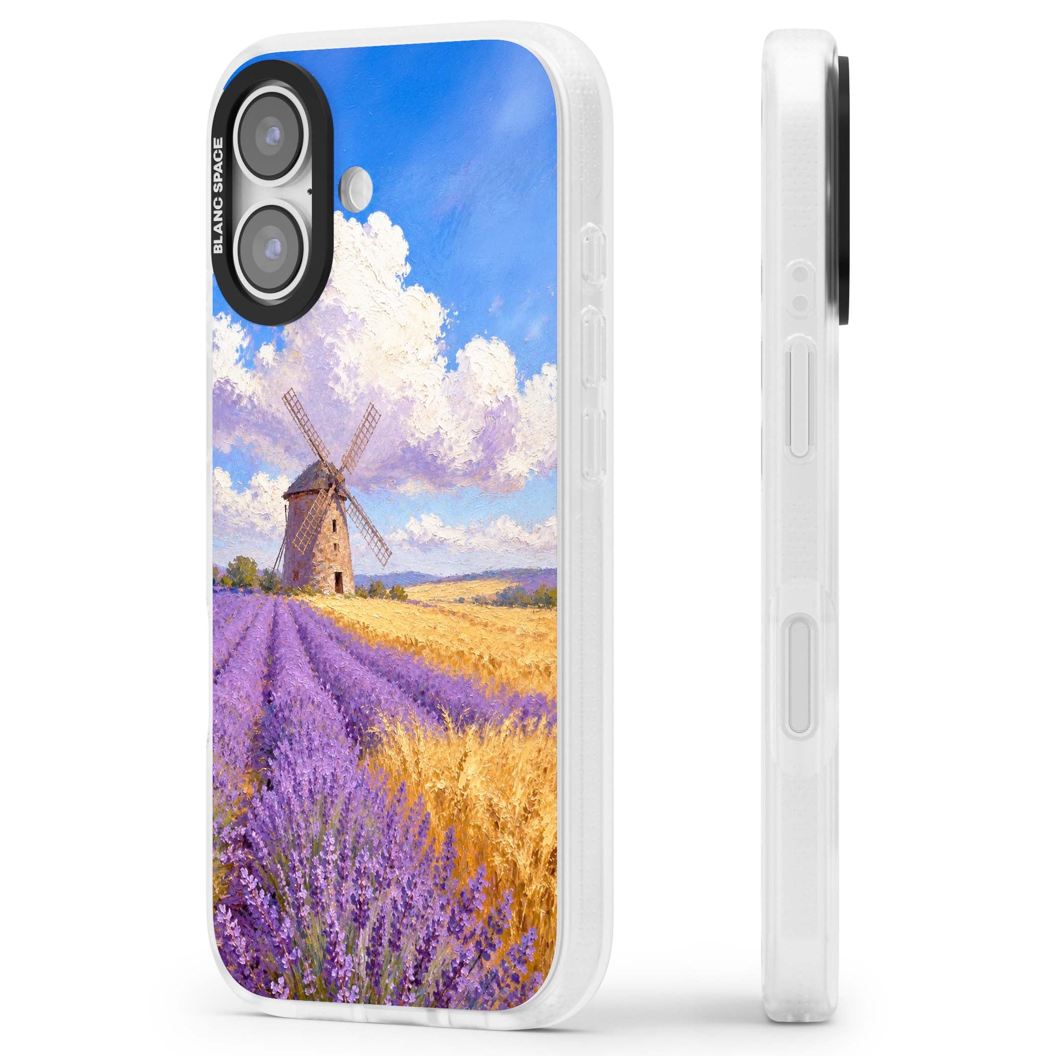 Lavender Mill cottagecore iPhone case featuring a French windmill, lavender field and golden wheat oil painting | Clear Case Impact Air case for iPhone 17