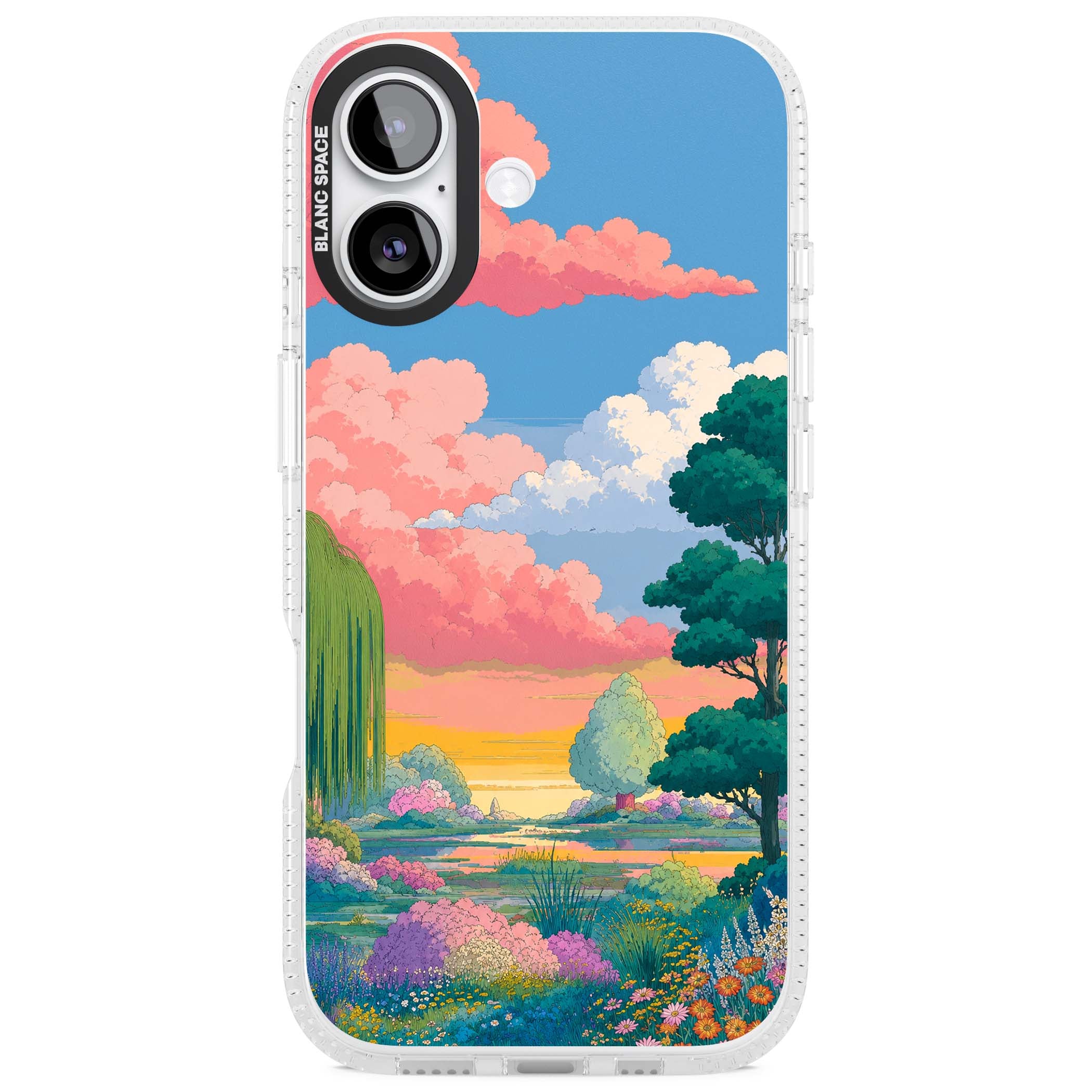 Dream Valley anime landscape iPhone case featuring pink sunset clouds, willow trees and wildflowers | Clear Case Impact Air case for iPhone 17