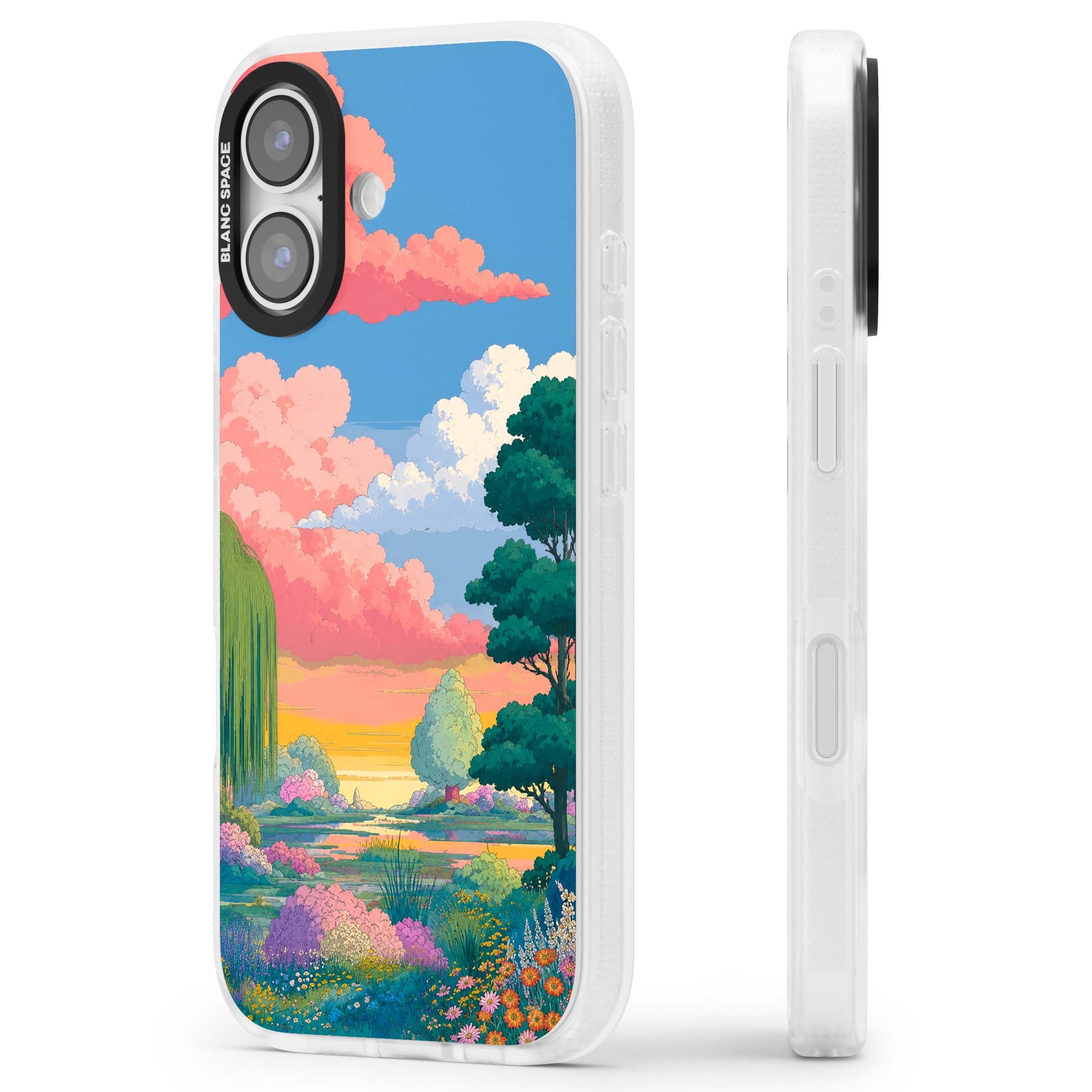Dream Valley anime landscape iPhone case featuring pink sunset clouds, willow trees and wildflowers | Clear Case Impact Air case for iPhone 17