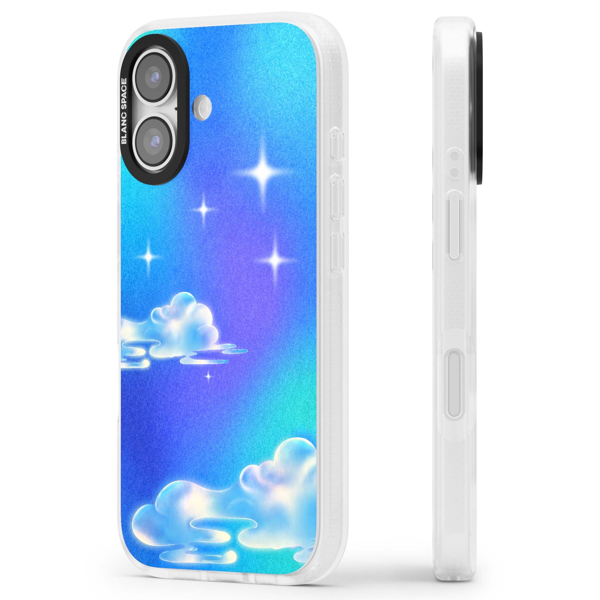 Aurora celestial iPhone case featuring dreamy iridescent clouds, sparkling stars and pastel blue purple sky | Clear Case Impact Air case for iPhone 17