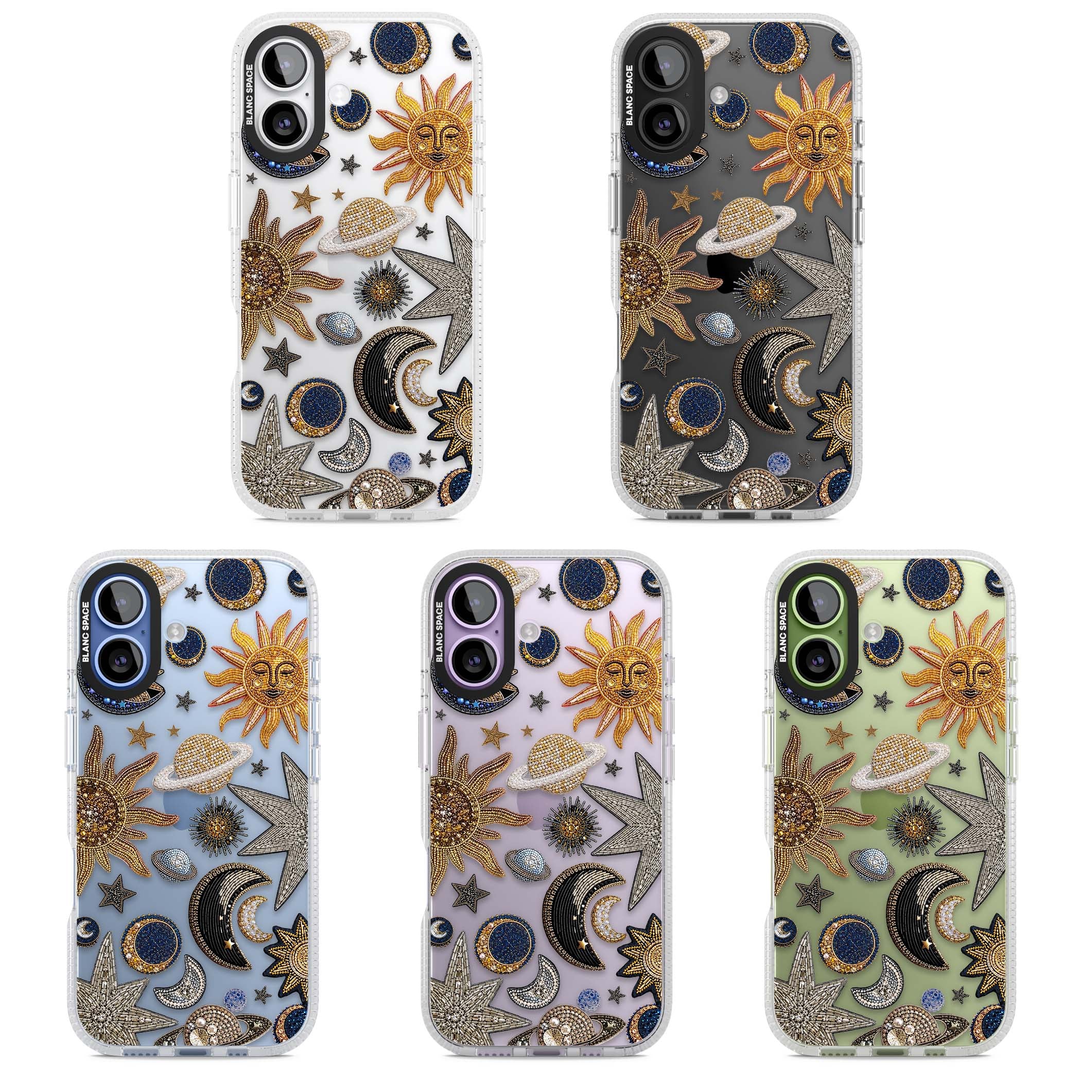 Beaded Cosmos celestial iPhone case featuring embroidered golden suns, beaded planets and silver shooting stars | Clear Case Impact Air case for iPhone 17
