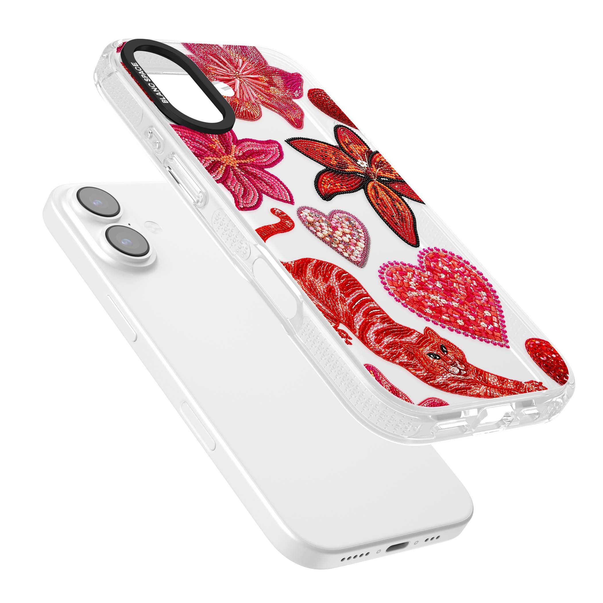 Beaded Boho floral iPhone case featuring beaded red lilies, a stitched tiger, and pearl-encrusted hearts on clear | Clear Case Impact Air case for iPhone 17