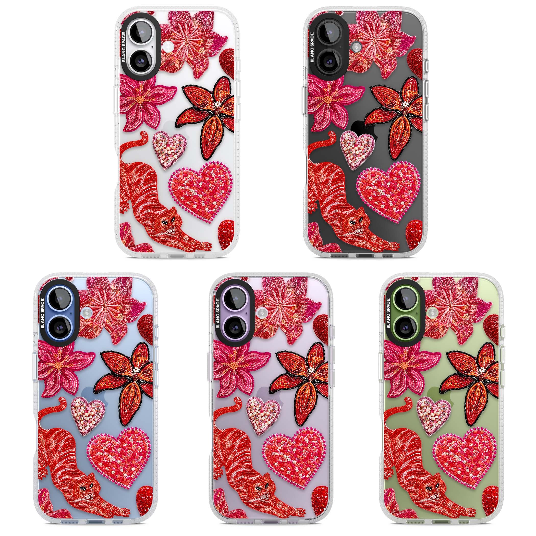 Beaded Boho floral iPhone case featuring beaded red lilies, a stitched tiger, and pearl-encrusted hearts on clear | Clear Case Impact Air case for iPhone 17