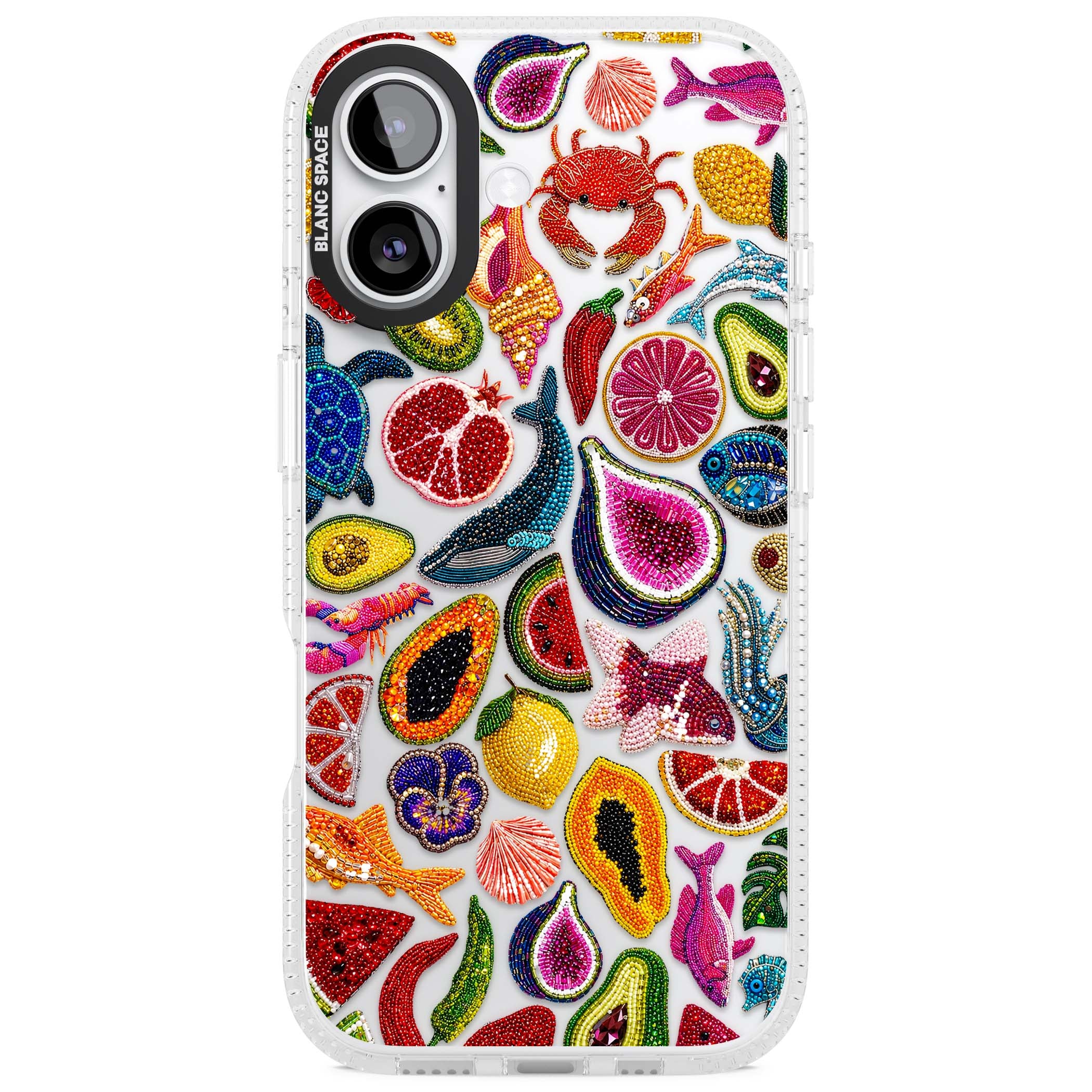 Beaded Tropic tropical iPhone case featuring beaded fruit, fish, crabs and seashells in vibrant colour | Clear Case Impact Air case for iPhone 17