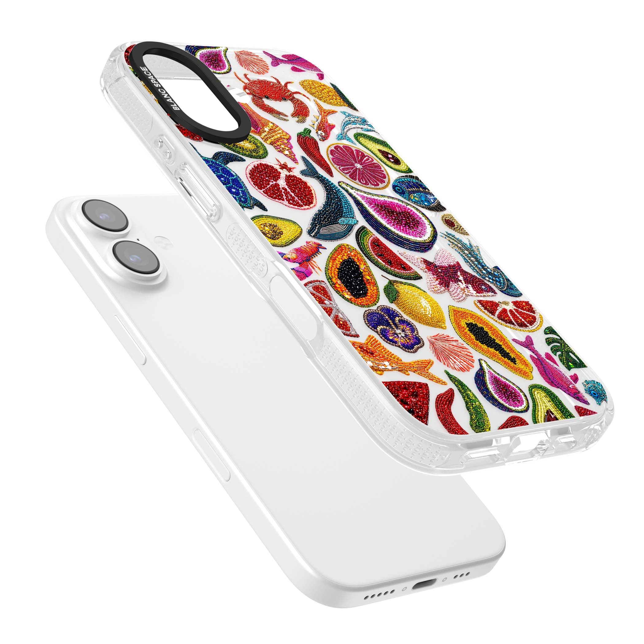 Beaded Tropic tropical iPhone case featuring beaded fruit, fish, crabs and seashells in vibrant colour | Clear Case Impact Air case for iPhone 17