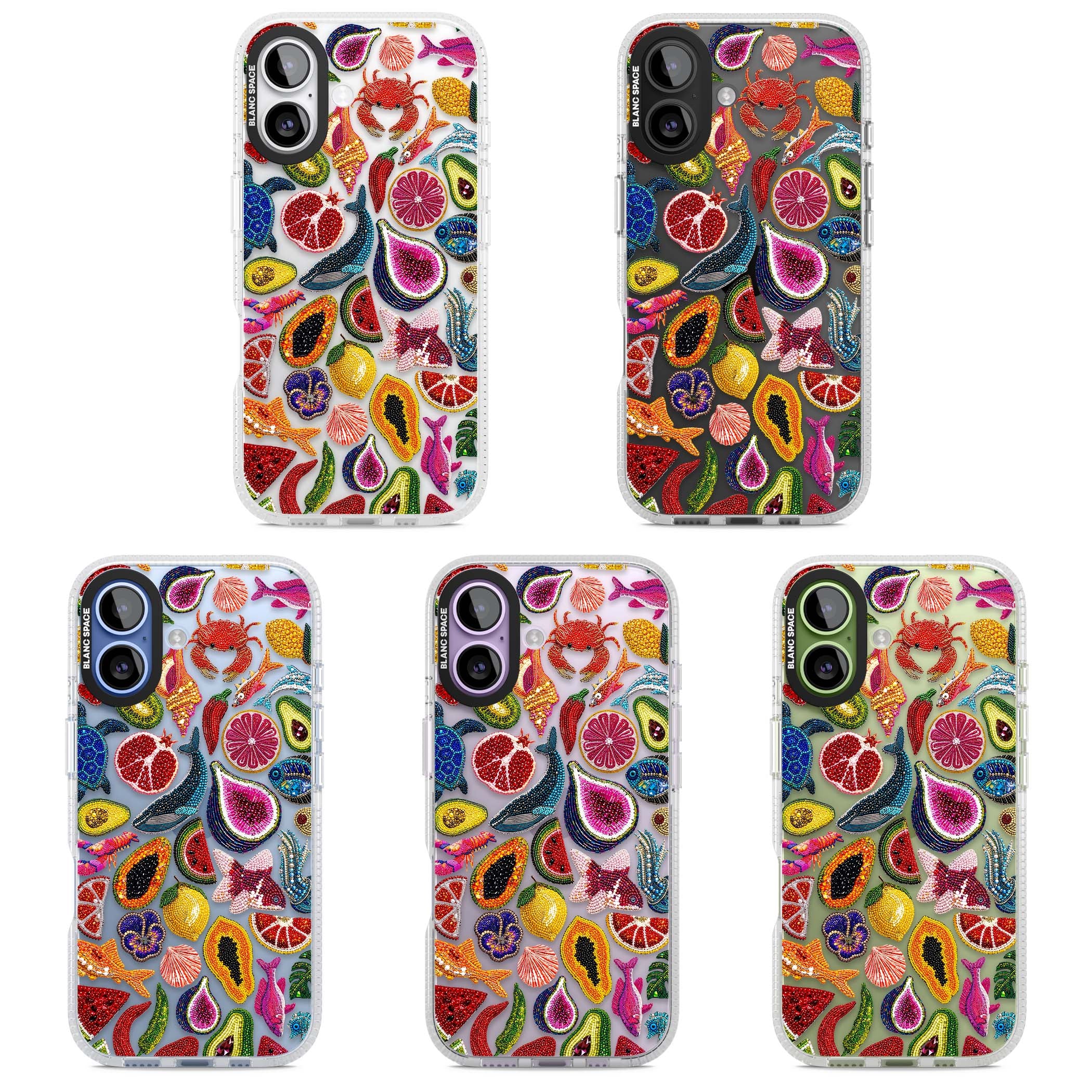 Beaded Tropic tropical iPhone case featuring beaded fruit, fish, crabs and seashells in vibrant colour | Clear Case Impact Air case for iPhone 17