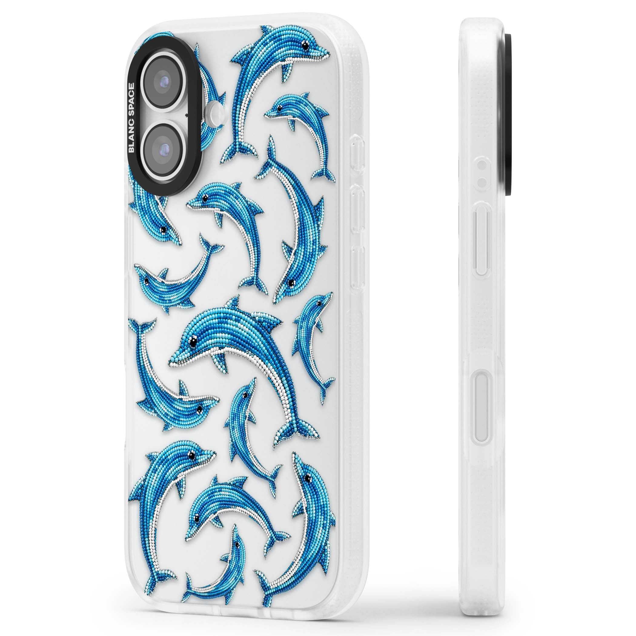Beaded Dolphins coastal iPhone case featuring beaded dolphins in blue and white swimming across a clear background | Clear Case Impact Air case for iPhone 17