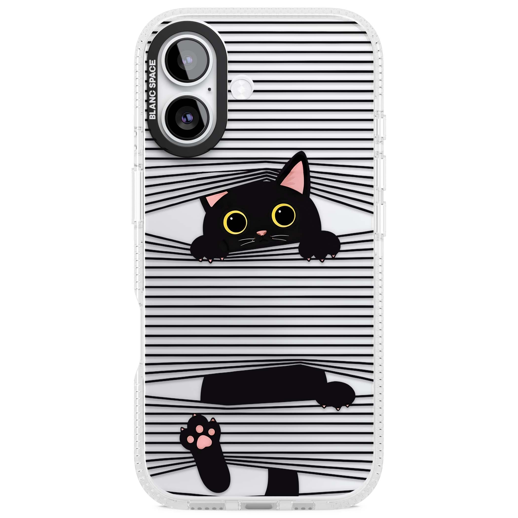 Peek-a-Boo Cat minimal iPhone case featuring black cat peeking through horizontal black and white stripes | Clear Case Impact Air case for iPhone 17