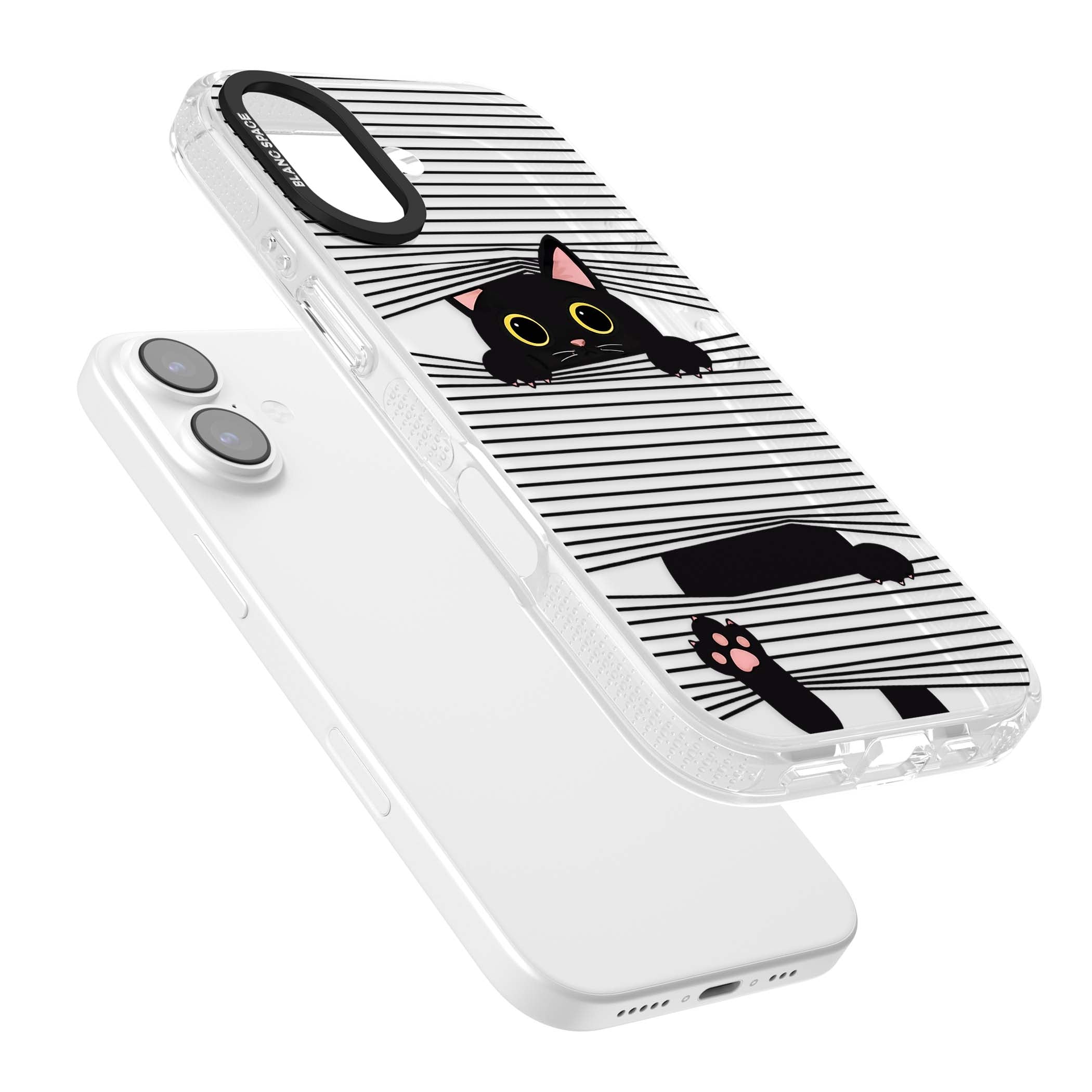 Peek-a-Boo Cat minimal iPhone case featuring black cat peeking through horizontal black and white stripes | Clear Case Impact Air case for iPhone 17