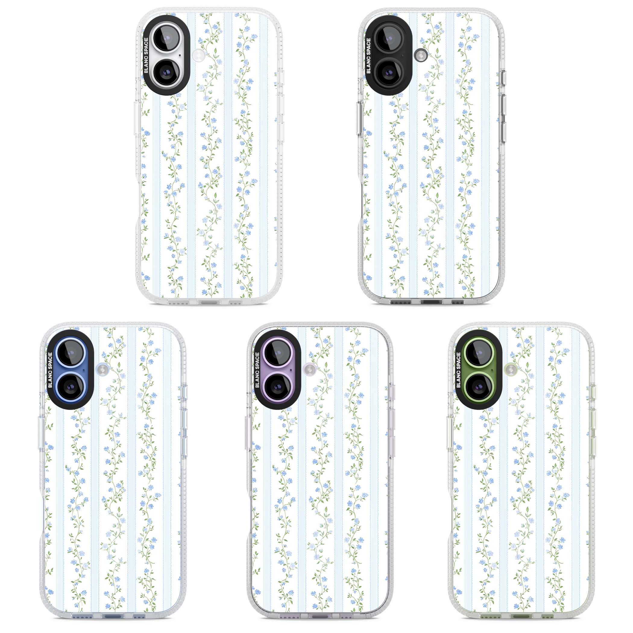 Bluebell Vine cottagecore iPhone case featuring climbing blue roses, trailing green vines, and pale ticking stripes | Clear Case Impact Air case for iPhone 17