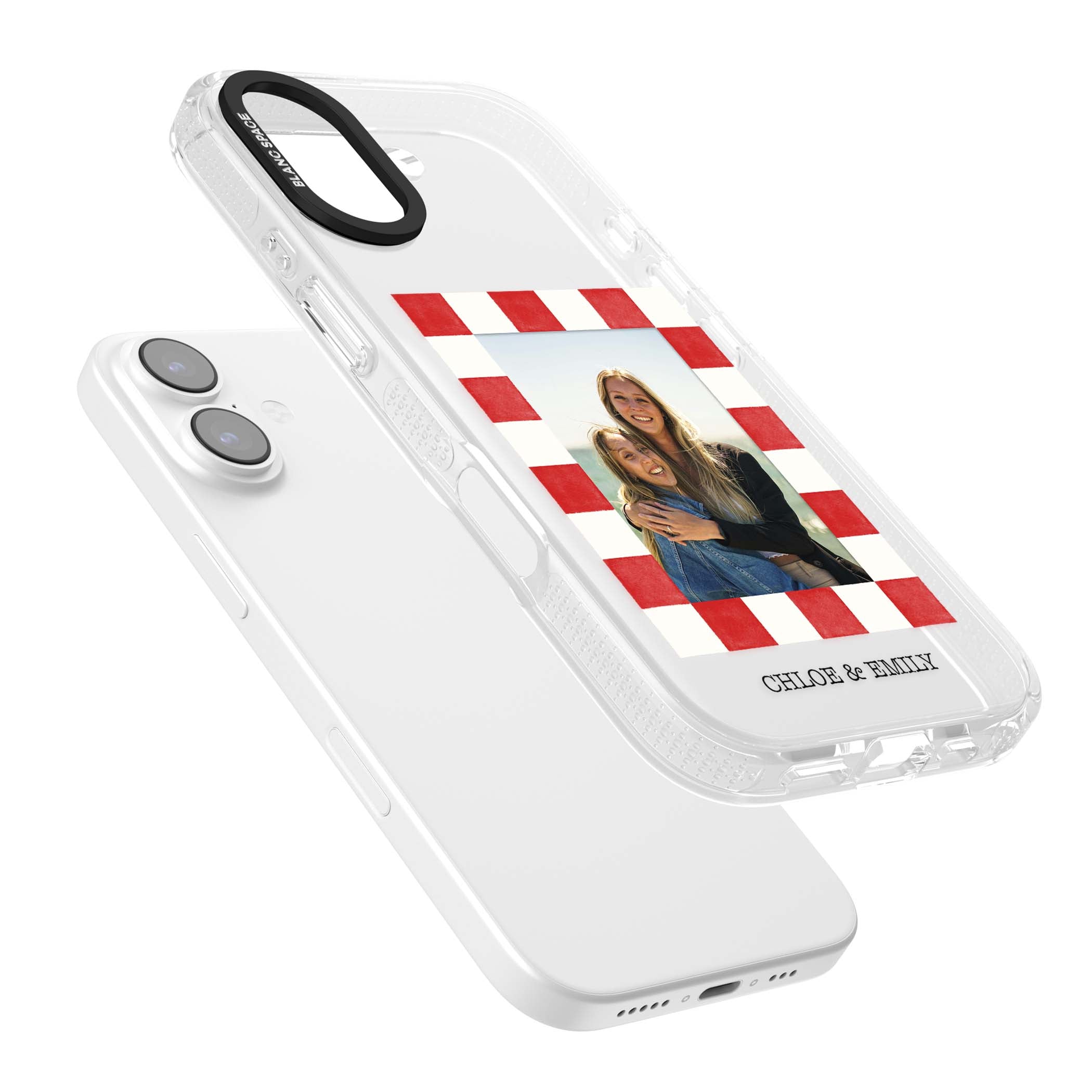 Red Check Photo personalised photo iPhone case with red and white checkered polaroid frame and custom couple name | Clear Case Impact Air case for iPhone 17