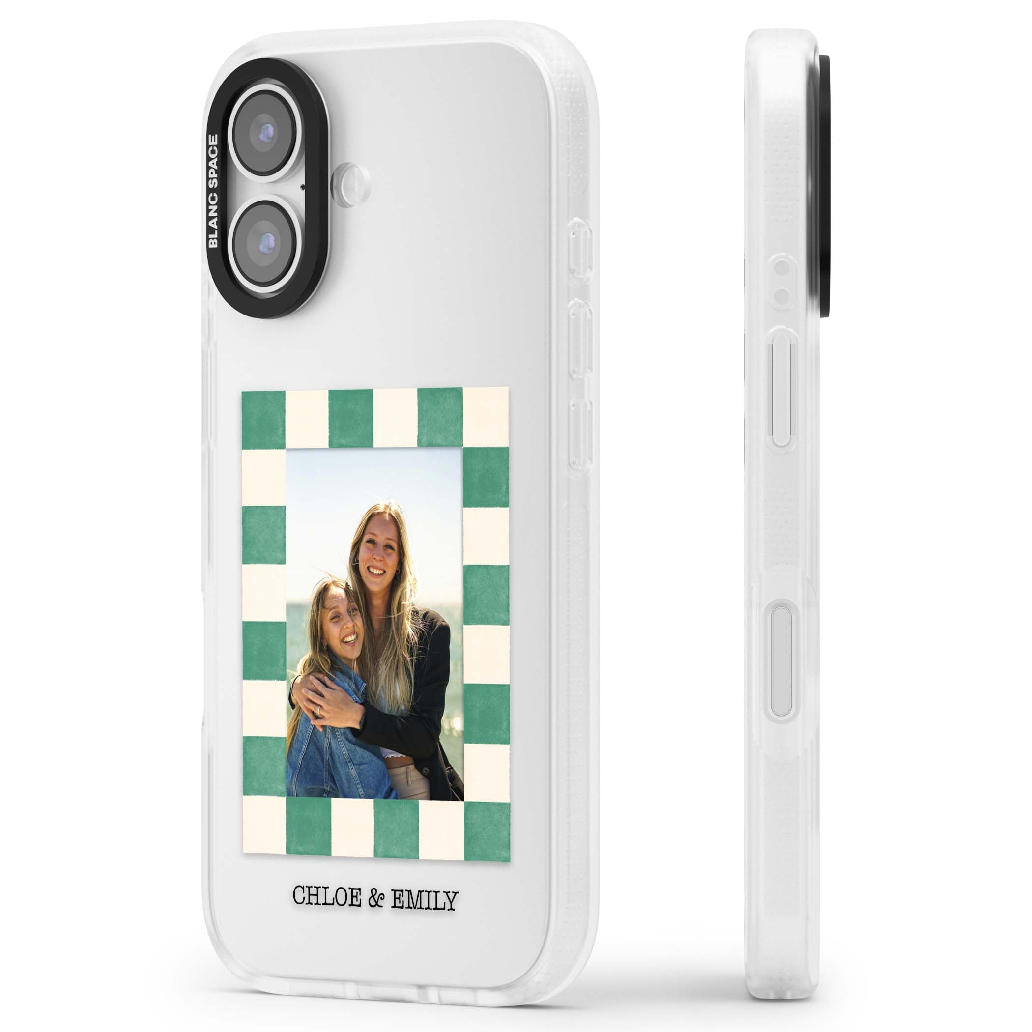 Seafoam Check Photo personalised iPhone case featuring a custom polaroid photo, green and cream checkered frame, and custom n | Clear Case Impact Air case for iPhone 17