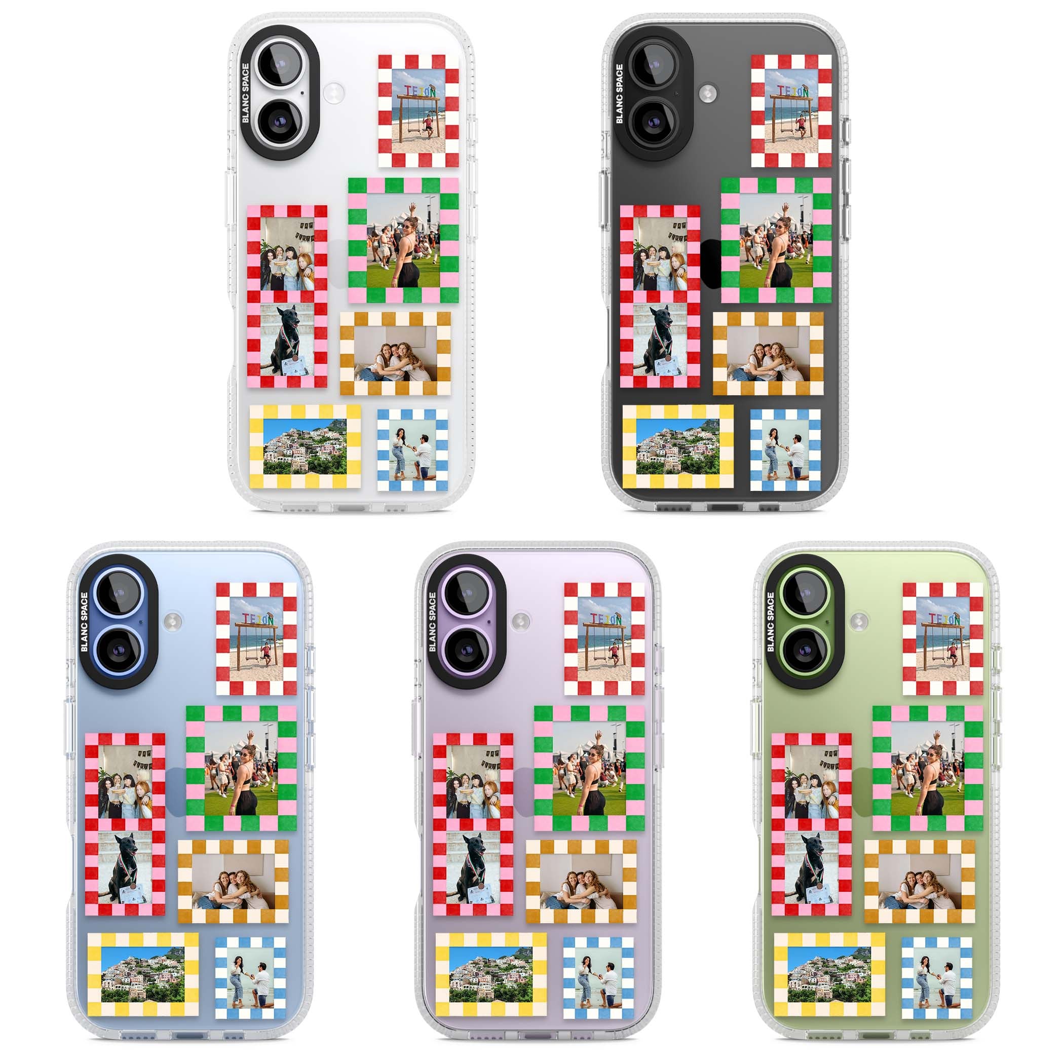 Italian Check Frames custom photo collage iPhone case featuring six checkered photo frames in red, green, pink and  | Clear Case Impact Air case for iPhone 17